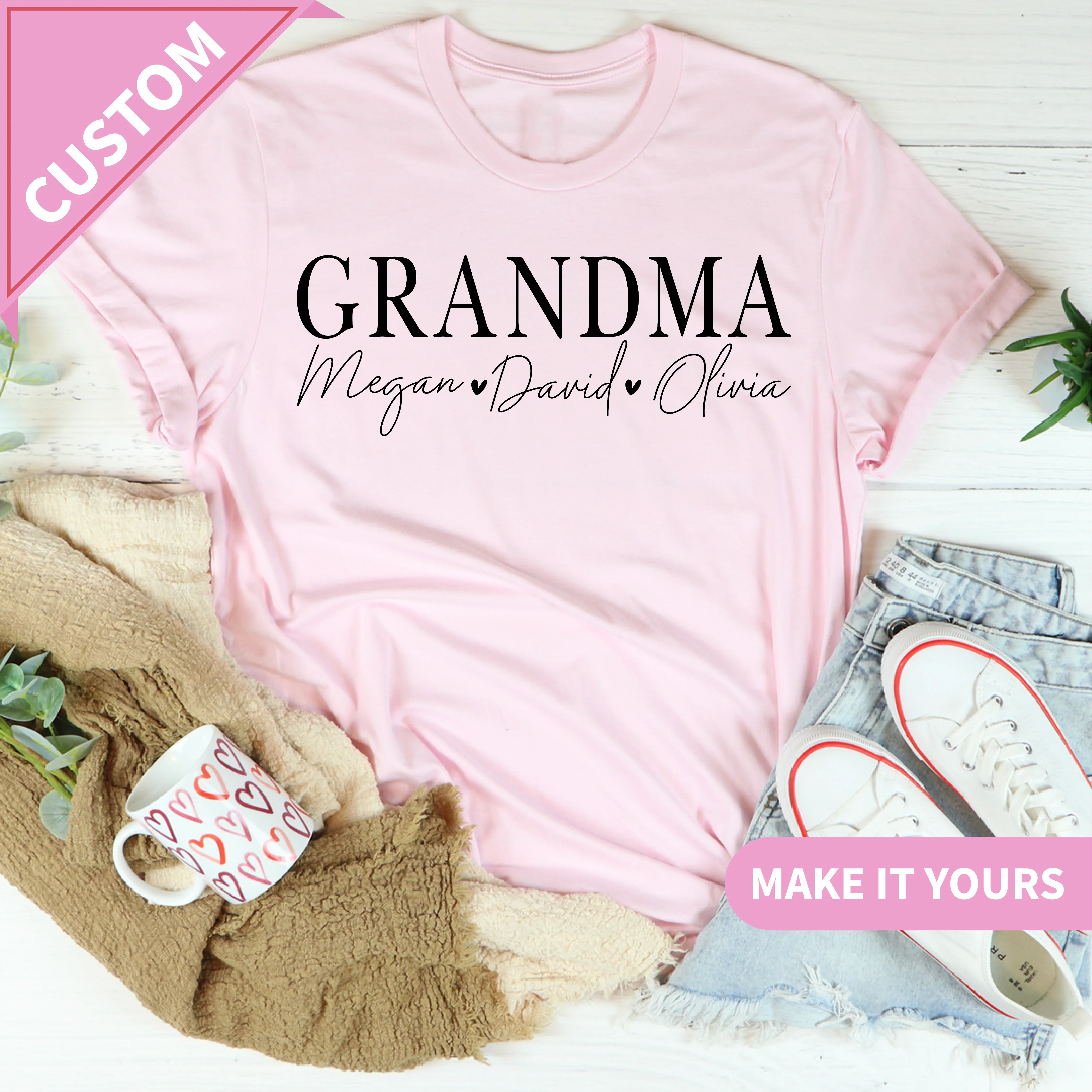 Custom Grandma With Grandkids Names Comfort Colors Nana Gift For Mother's Day Or Birthday Tee Pink / S Printify T-Shirt T-Shirt