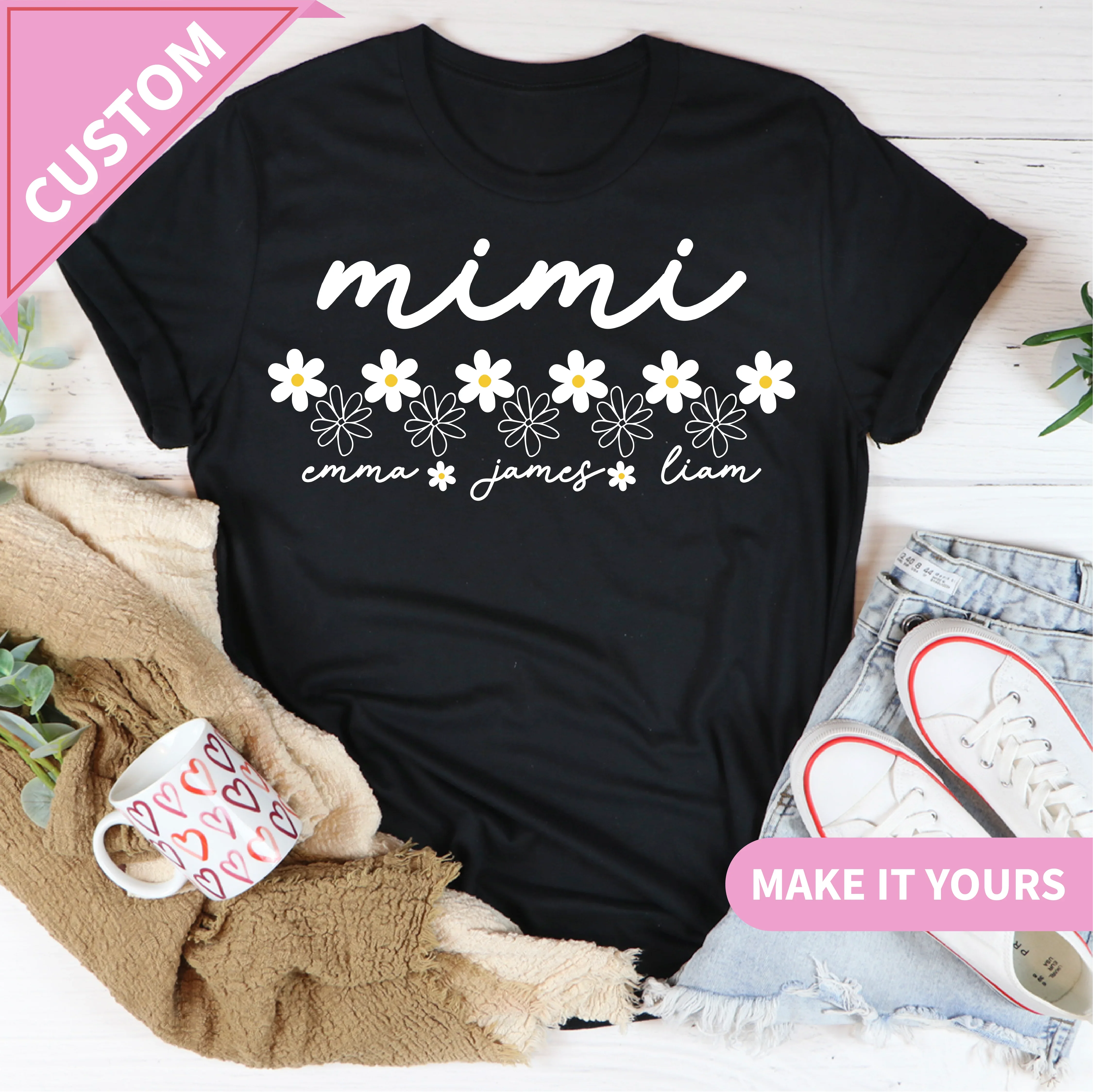 Custom Mimi With Grandkids Names Daisy Flower Comfort Colors Cute Gift for Grandma Mother's Day Tee Black / S Printify T-Shirt T-Shirt