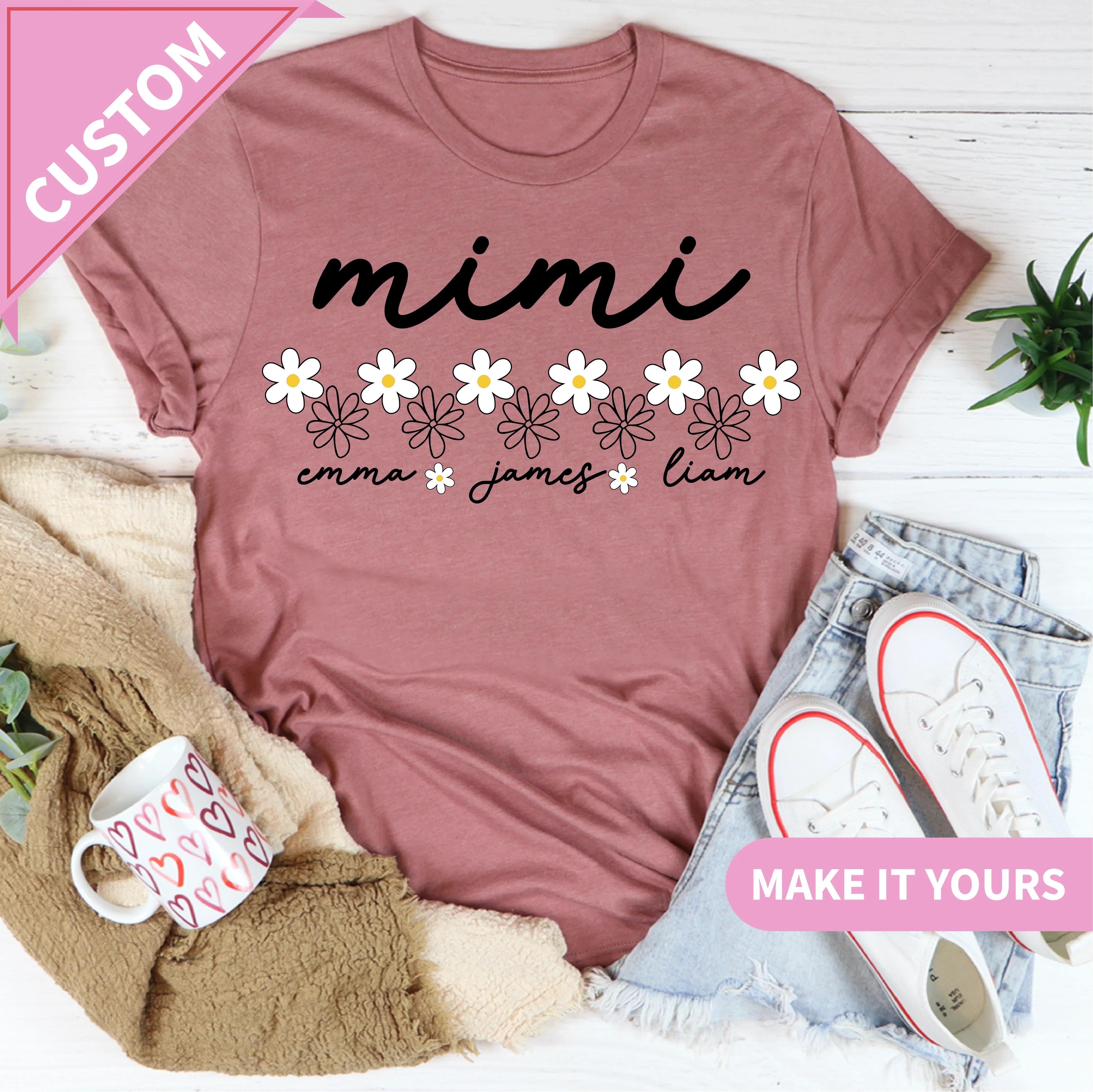 Custom Mimi With Grandkids Names Daisy Flower Comfort Colors Cute Gift for Grandma Mother's Day Tee Mauve / S Printify T-Shirt T-Shirt