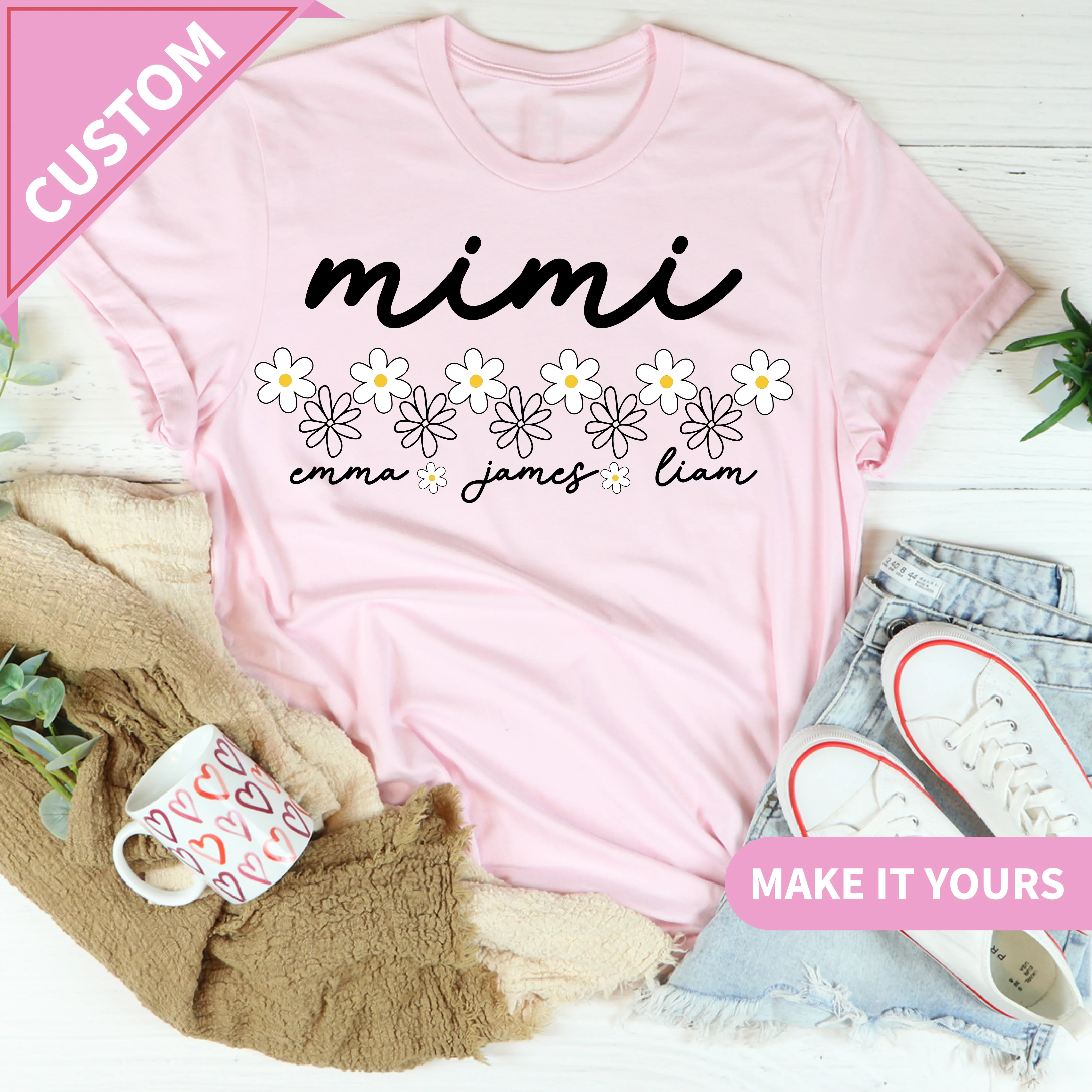 Custom Mimi With Grandkids Names Daisy Flower Comfort Colors Cute Gift for Grandma Mother's Day Tee Pink / S Printify T-Shirt T-Shirt