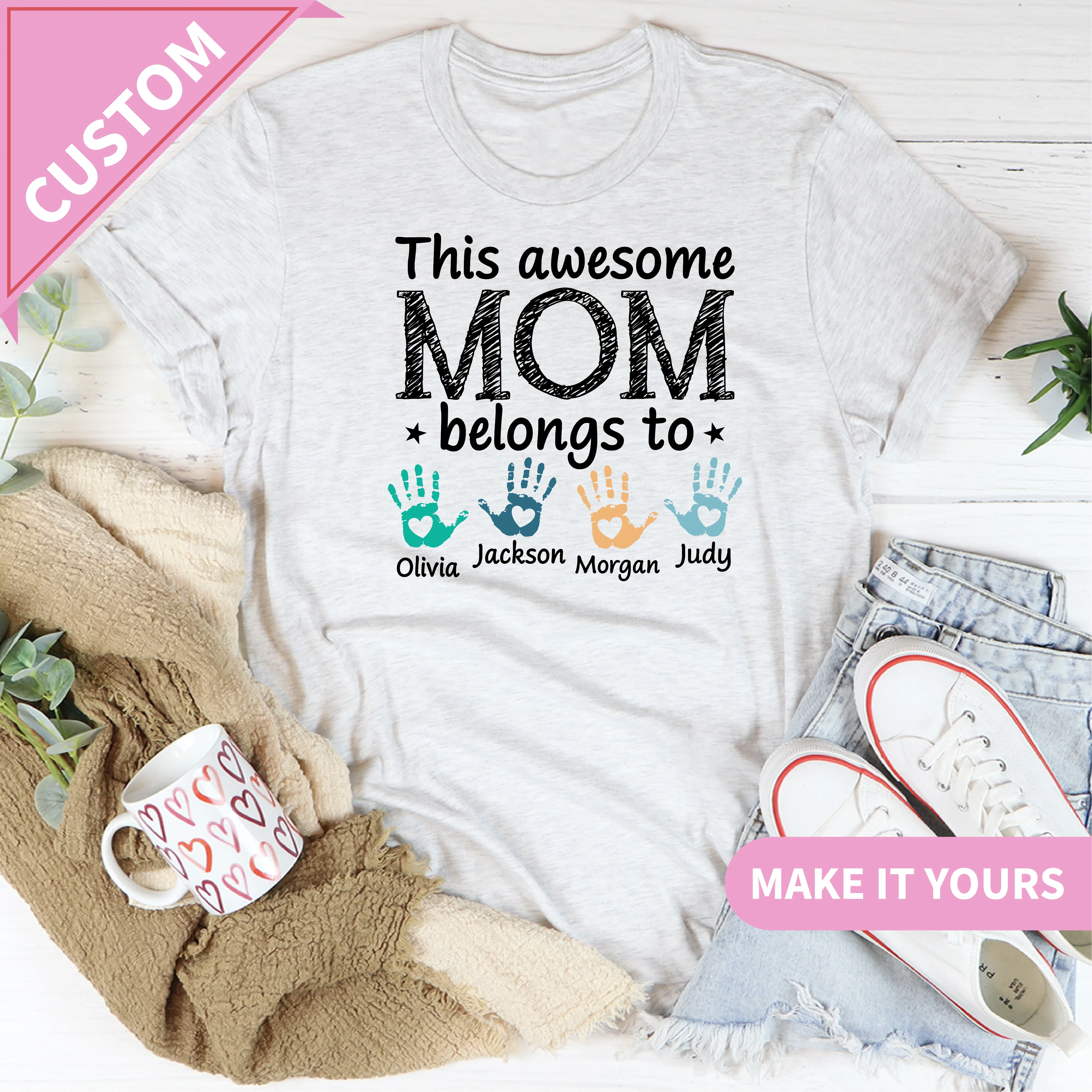 Custom Mom This Awesome Mama Belongs To With Kids Names Tee Ash / S Printify T-Shirt T-Shirt