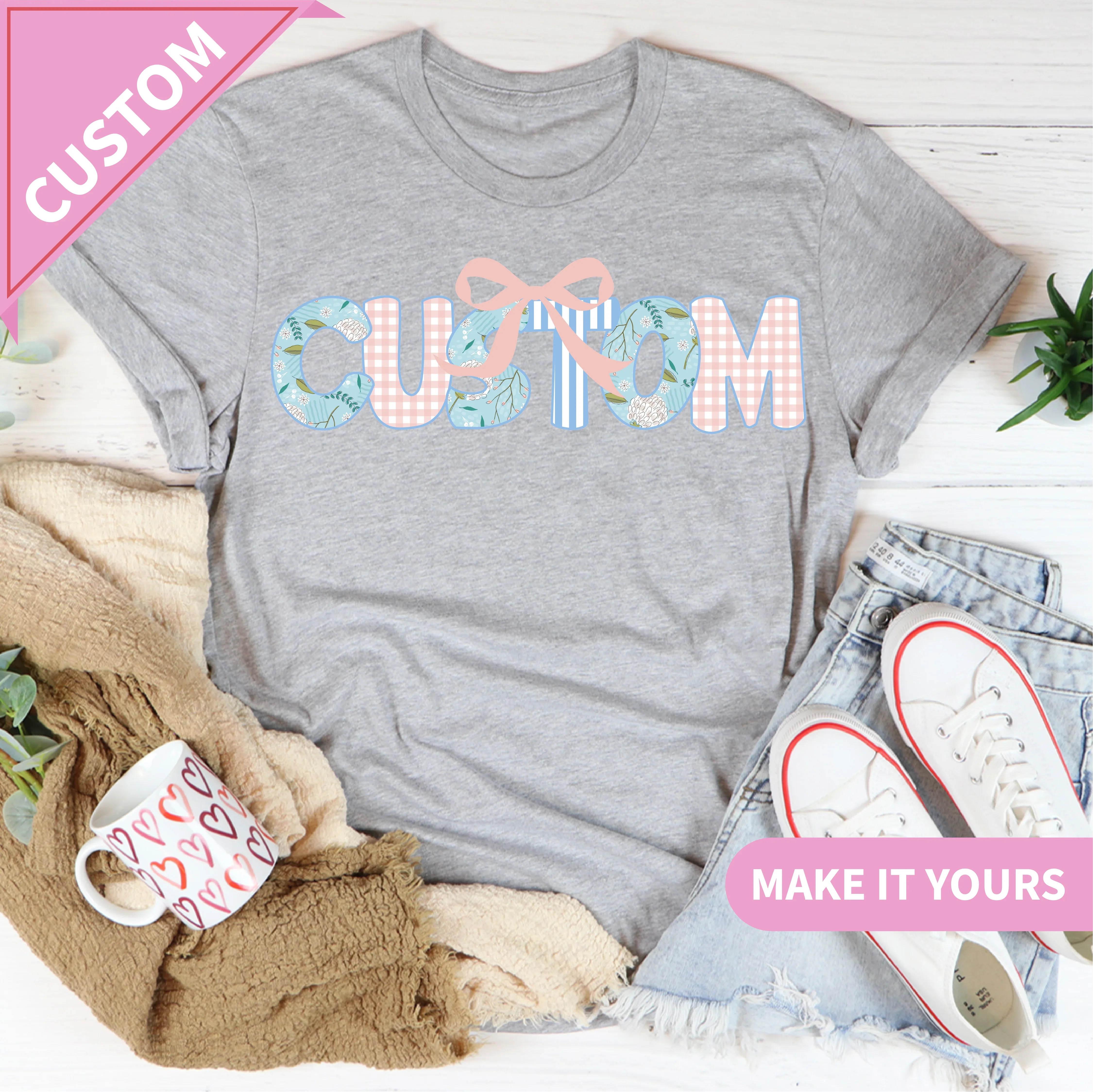 Custom Name For Women Floral Letter With Bow Design For Moms & Grandmas Tee Printify T-Shirt T-Shirt