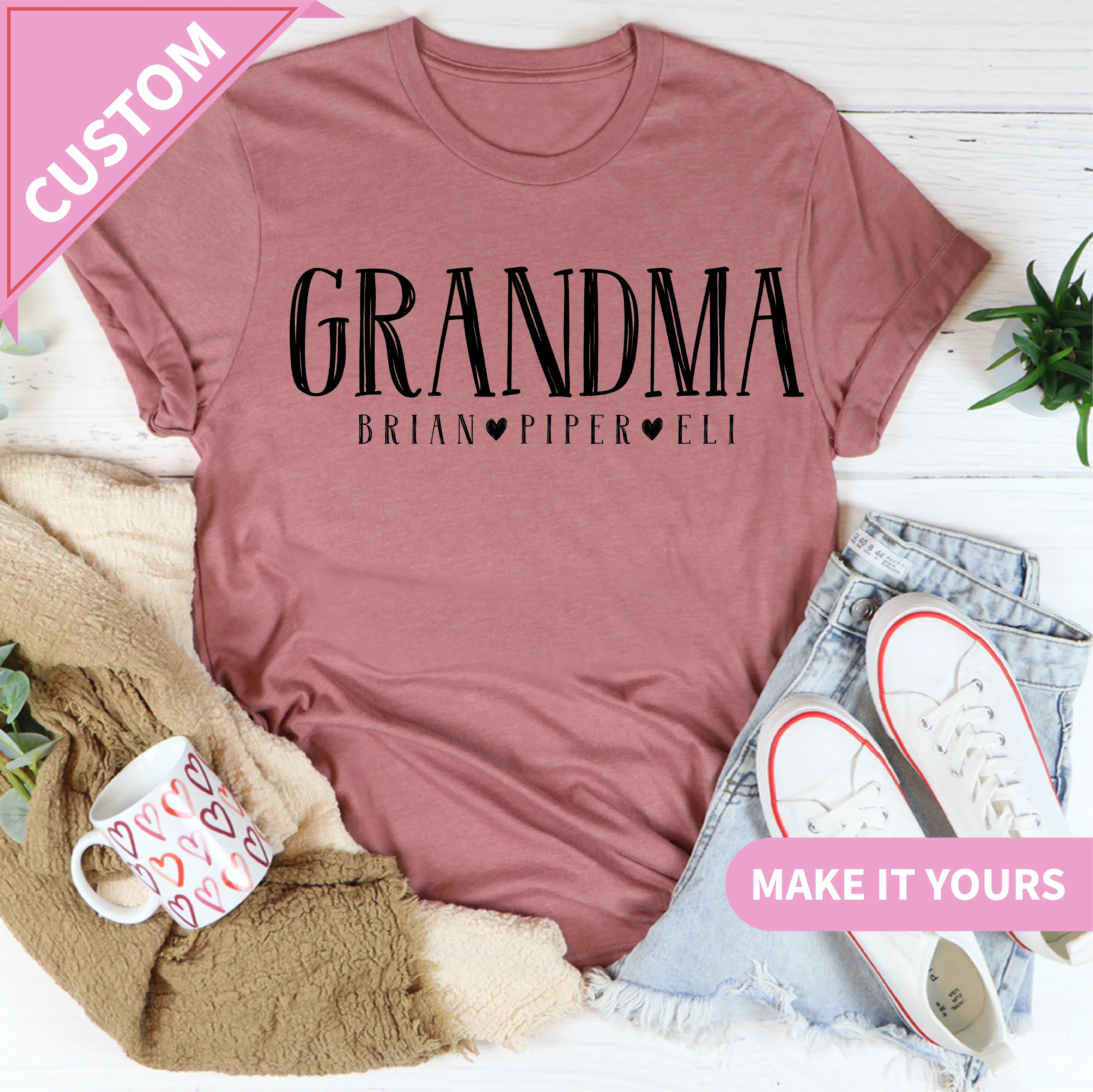 Custom Nana Or Grandma With Grandkids Names Gift Tee Mauve / S Printify T-Shirt T-Shirt