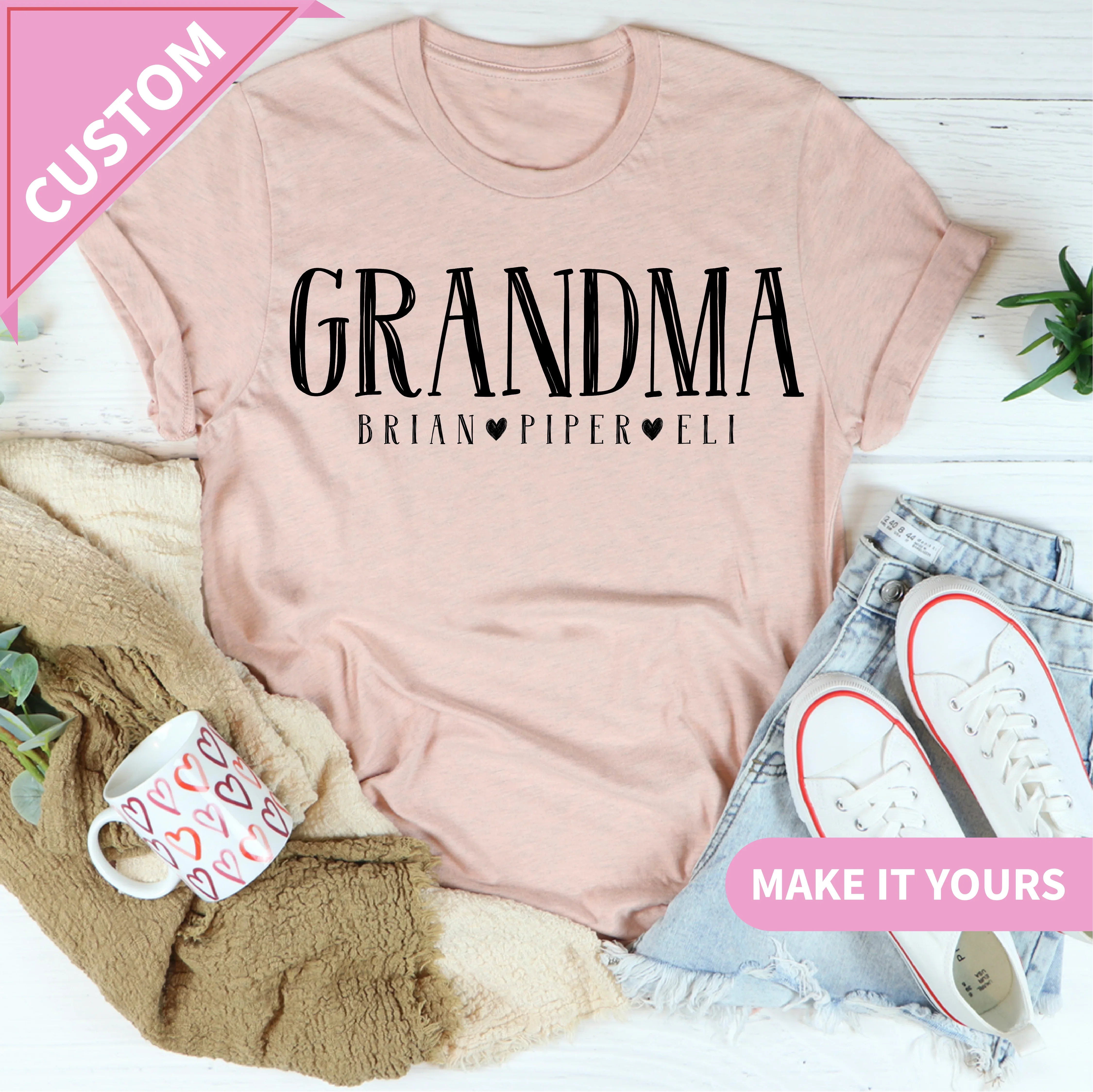 Custom Nana Or Grandma With Grandkids Names Gift Tee Peach / S Printify T-Shirt T-Shirt