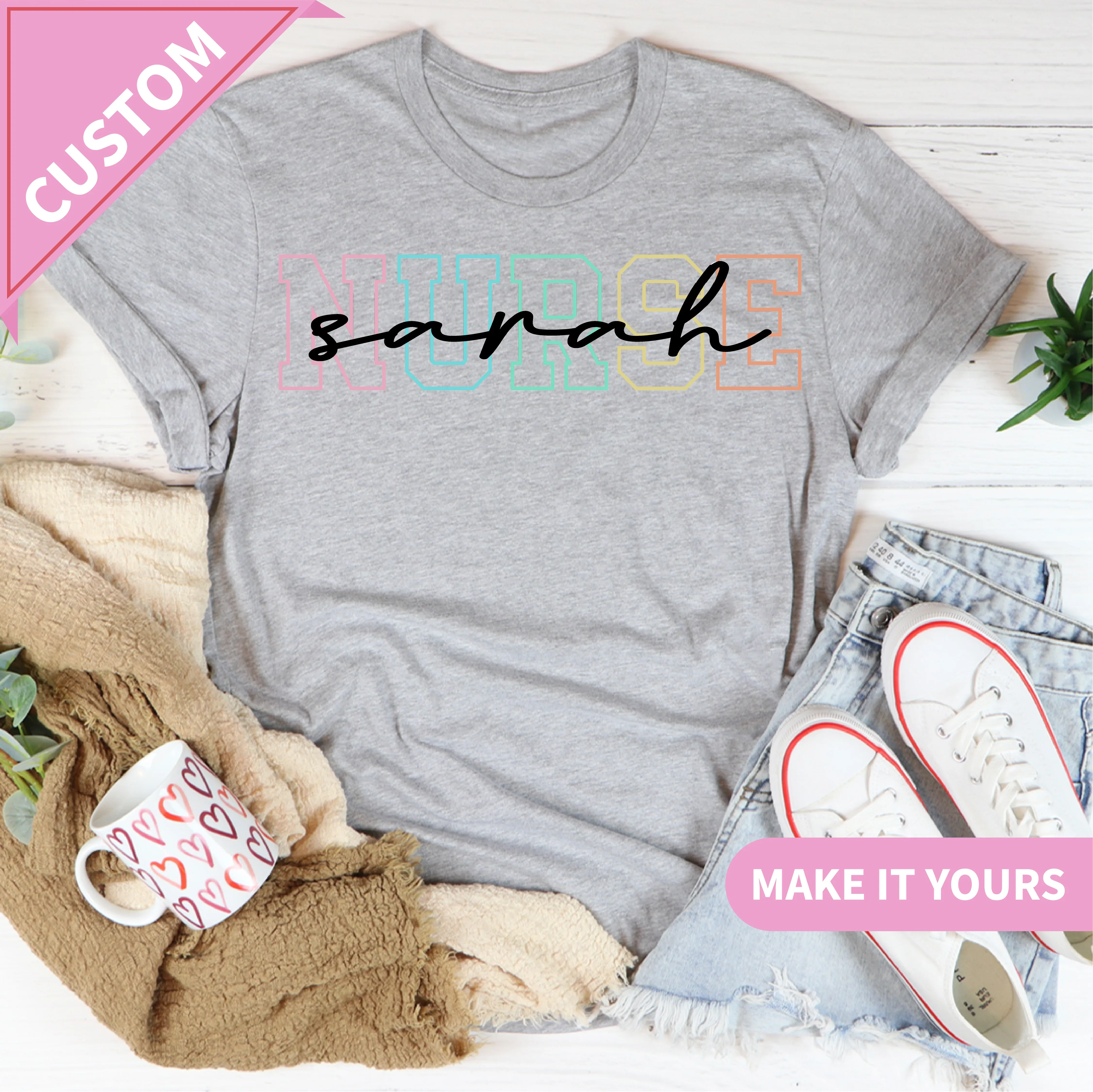 Custom Nurse Rainbow Varsity Name Tee Athletic Heather / S Printify T-Shirt T-Shirt