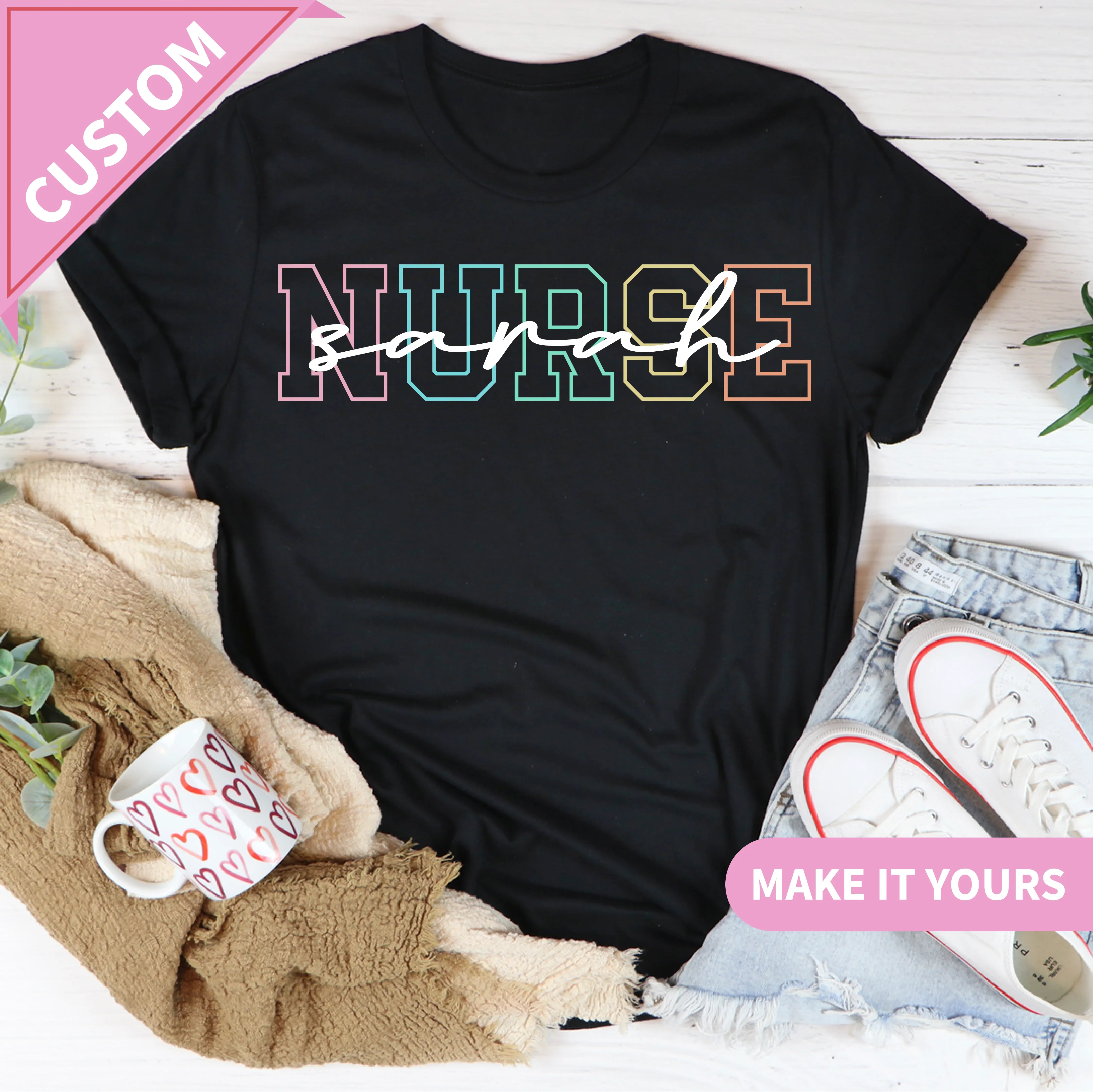 Custom Nurse Rainbow Varsity Name Tee Black / S Printify T-Shirt T-Shirt