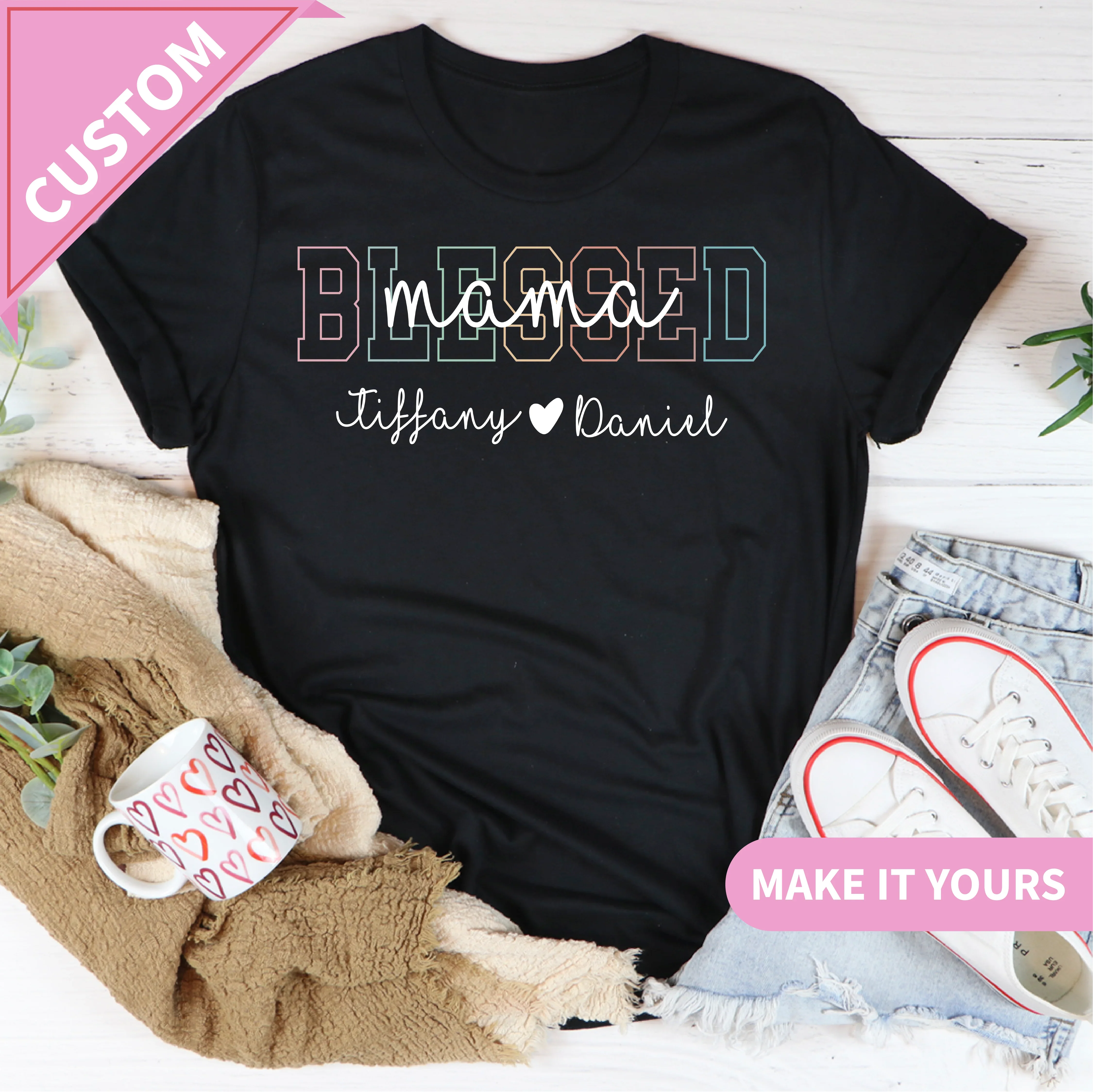 Custom Pastel Varsity Blessed Mama Add Your Kids Names | Perfect Mom Gift Tee Printify T-Shirt T-Shirt