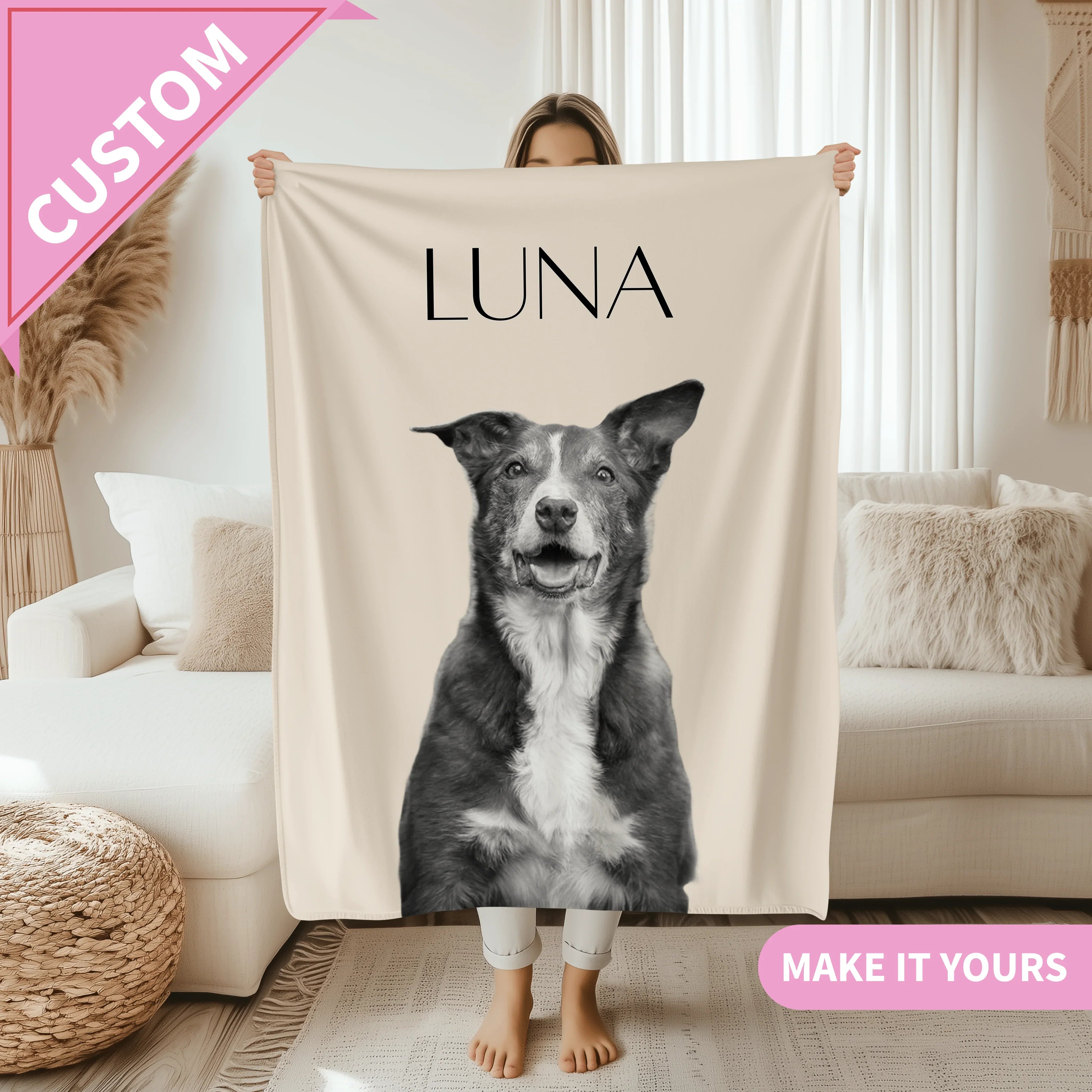 Custom Pet Portrait With Name Dog Photo Throw Gift For Pet Lovers Blanket 50" × 60" Printify All Over Prints T-Shirt