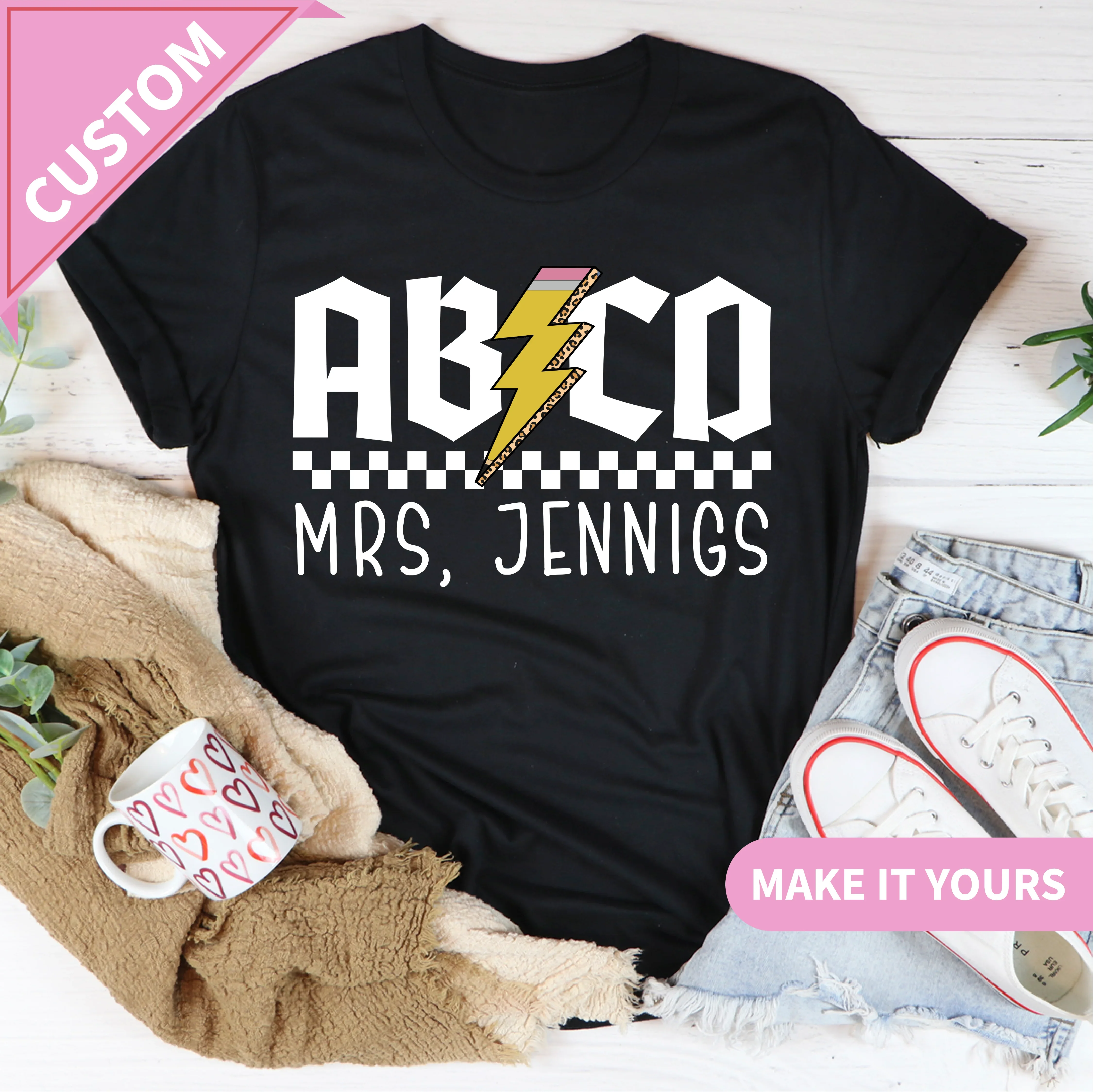 Custom Retro Teacher Name Lightning Bolt ABCD Tee Printify T-Shirt T-Shirt