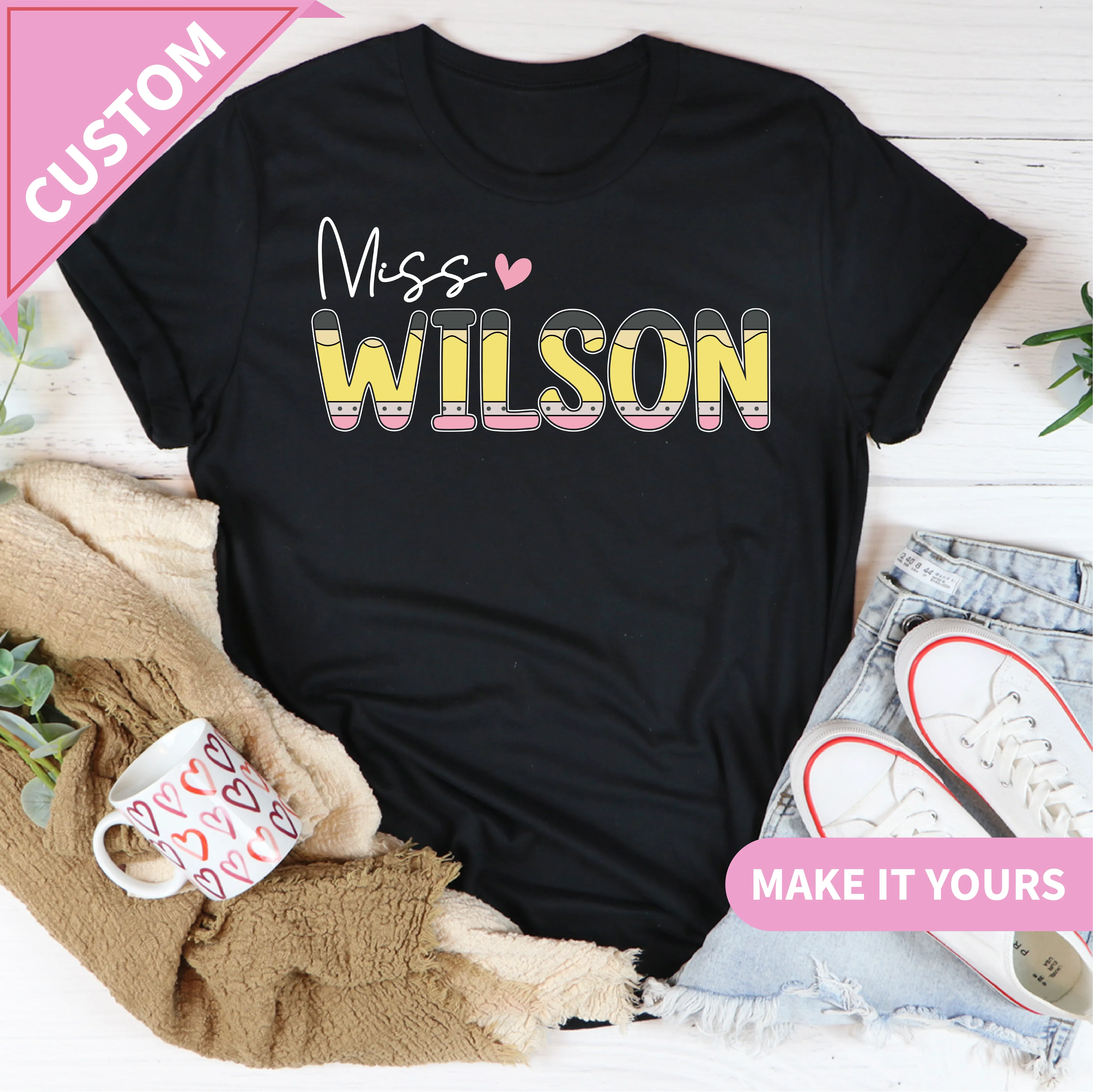Custom Teacher Name Pencil Personalized Back To School For Women Educators Tee Printify T-Shirt T-Shirt