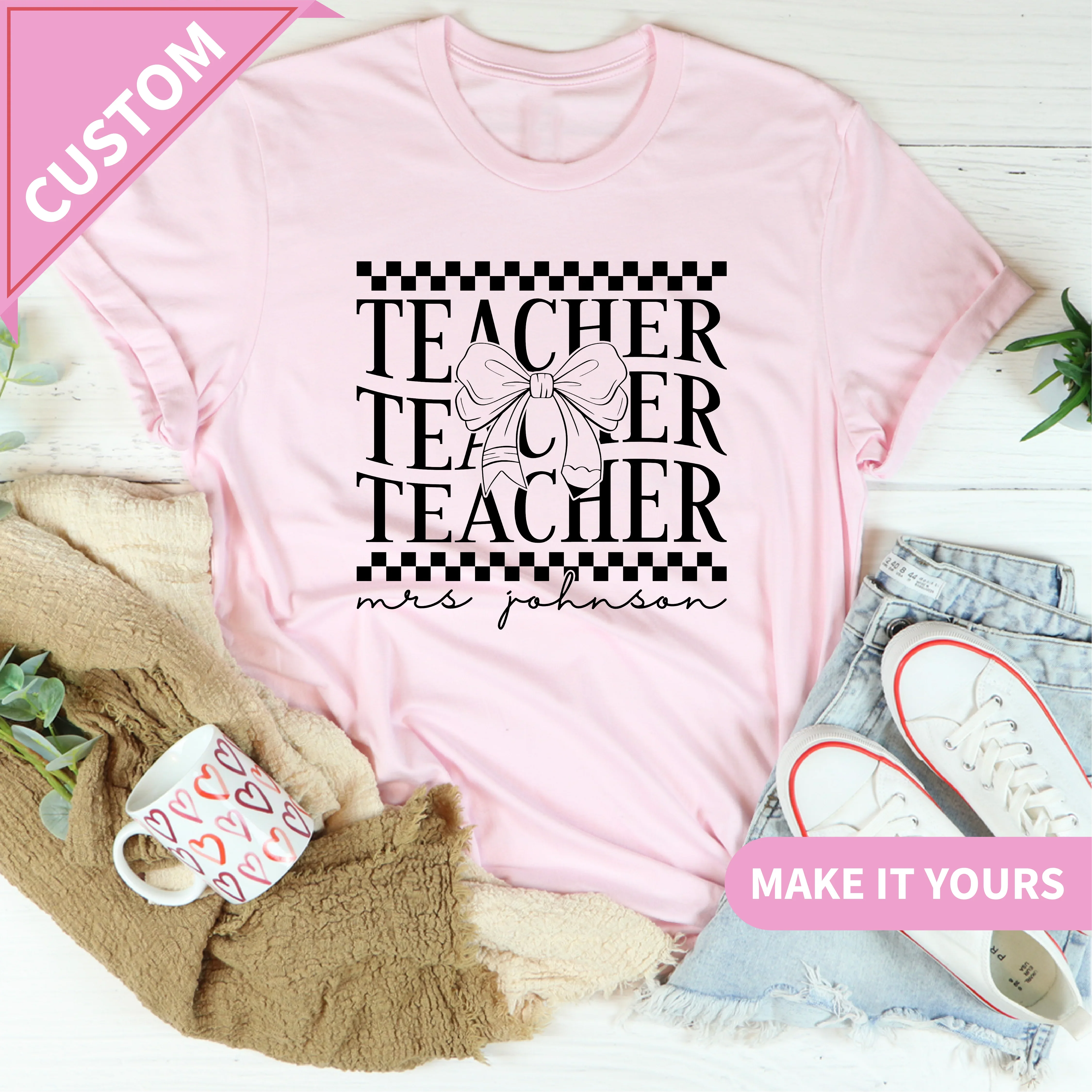 Custom Teacher Name With Pencil Bow Tee Printify T-Shirt T-Shirt