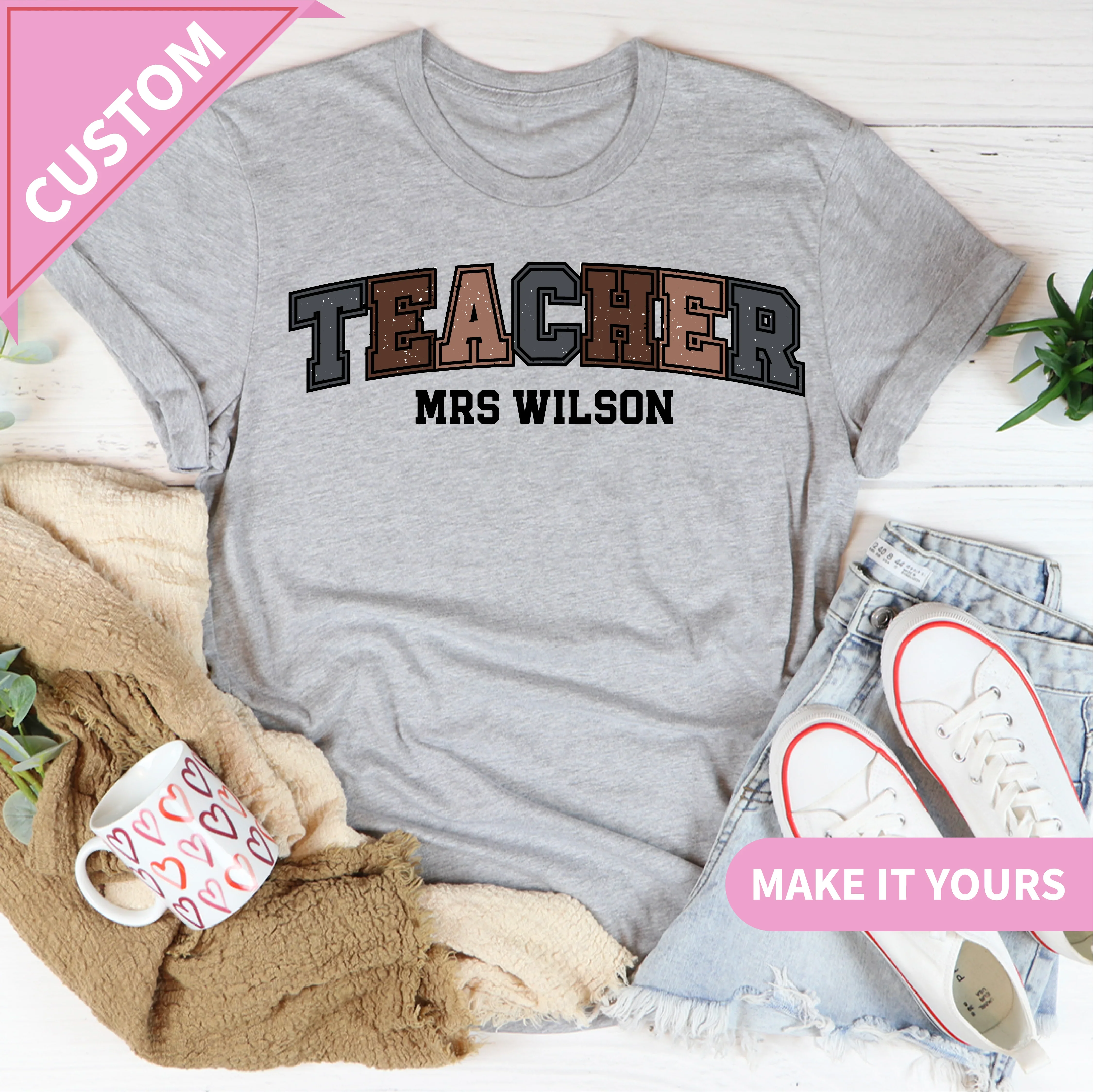 Custom Teacher Neutral Vintage Varsity Style Tee Athletic Heather / S Printify T-Shirt T-Shirt