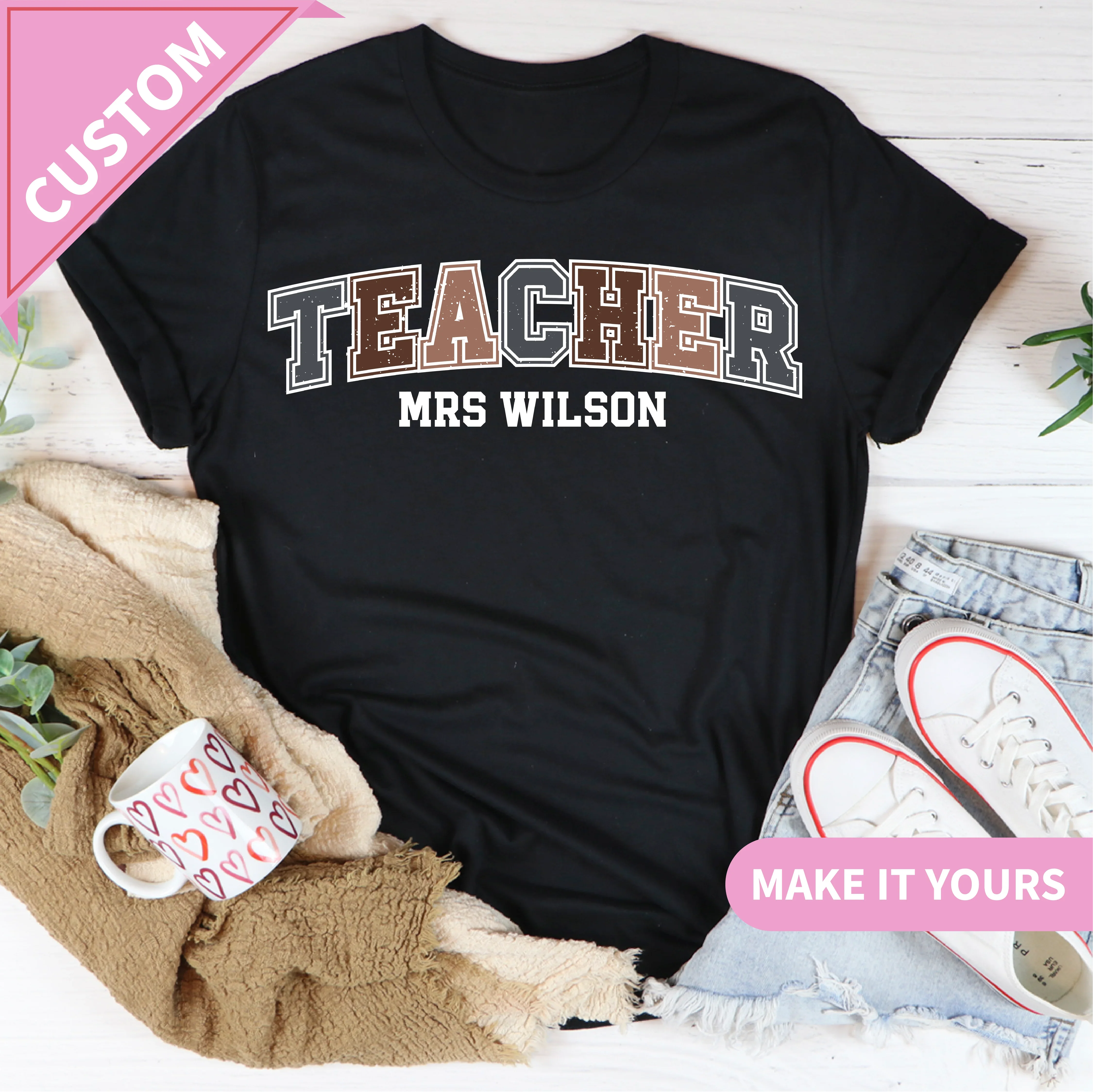 Custom Teacher Neutral Vintage Varsity Style Tee Black / S Printify T-Shirt T-Shirt