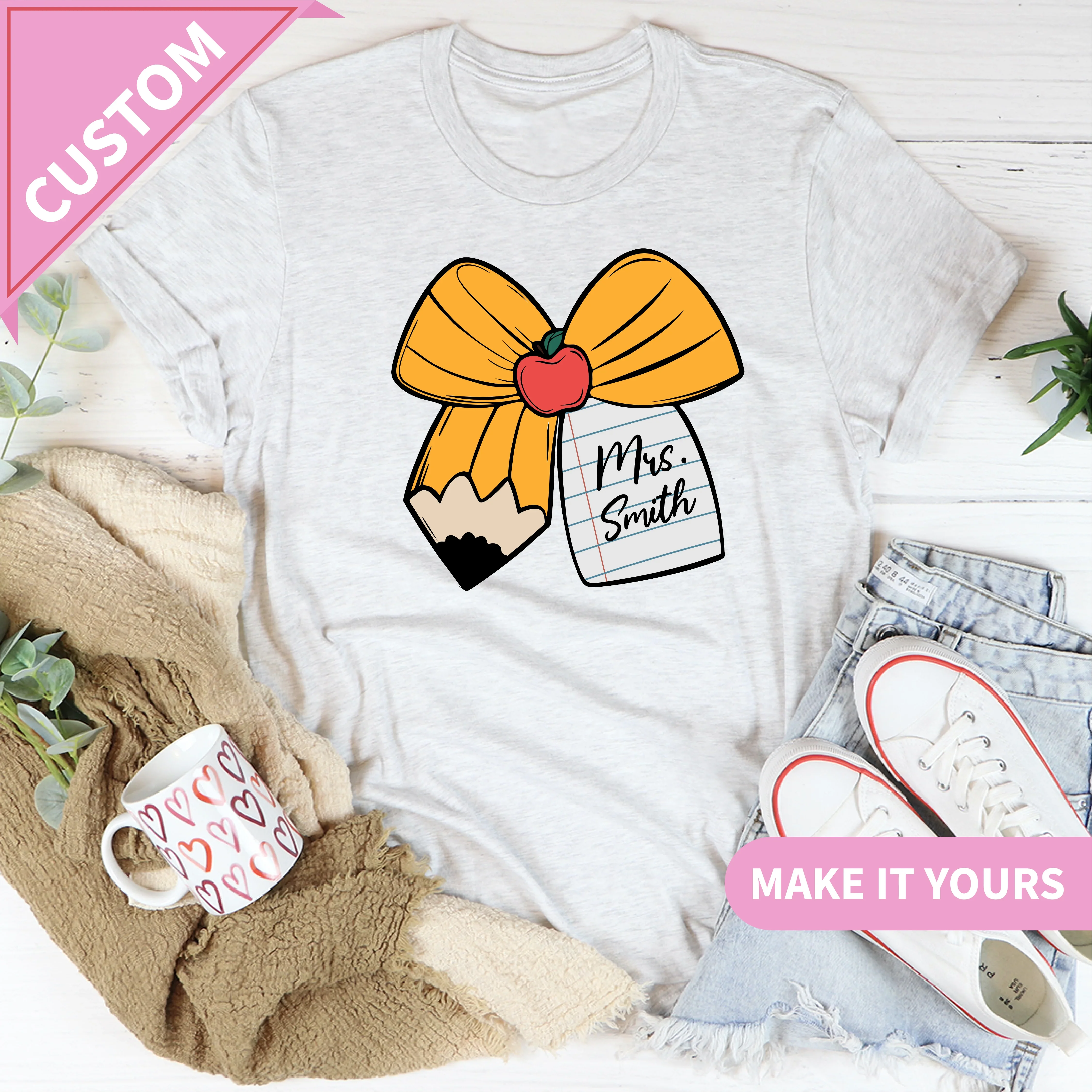 Custom Teacher Pencil Bow Comfort Colors Cute Back To School Gift For Women Educators Tee Ash / S Printify T-Shirt T-Shirt