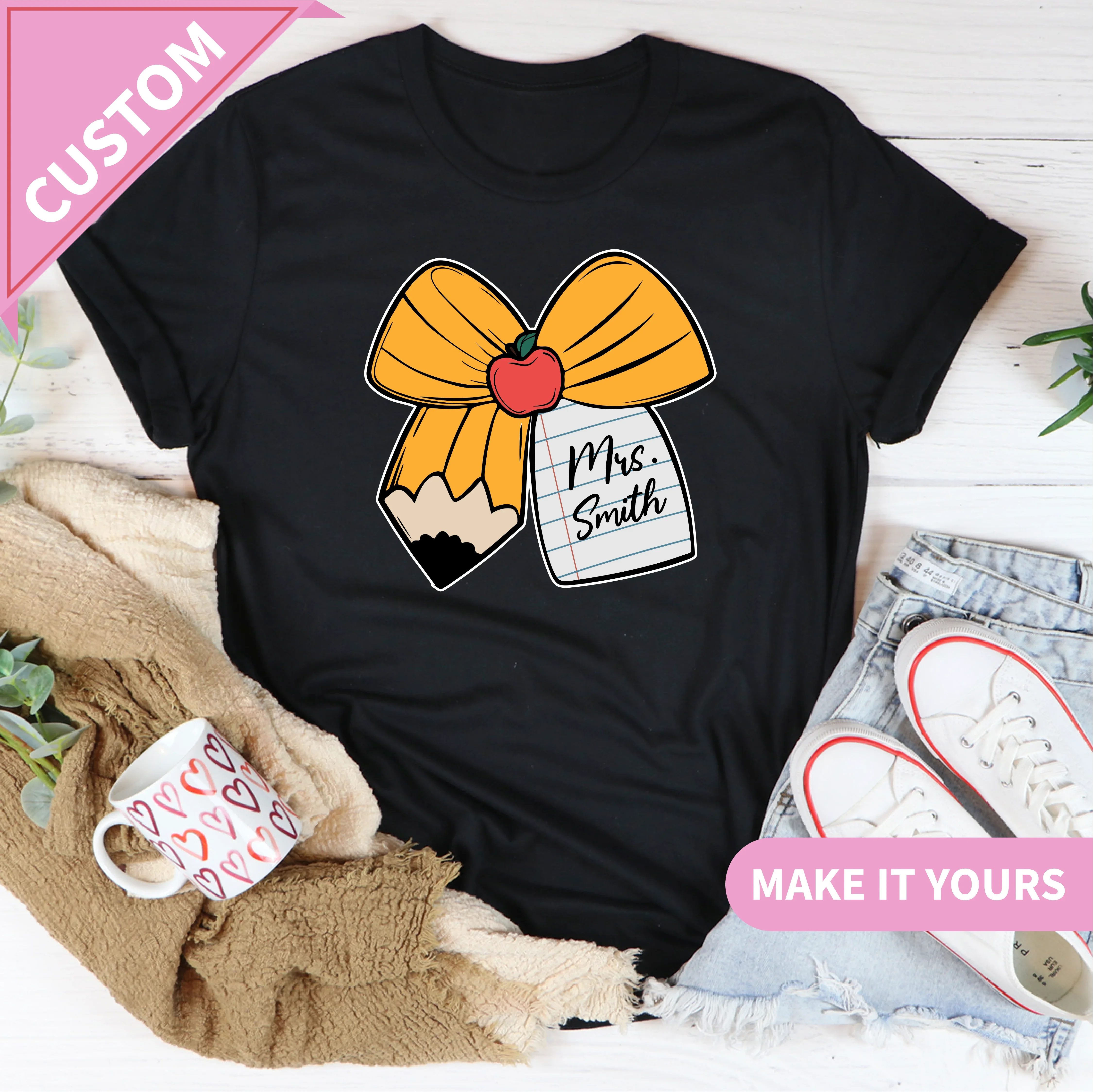 Custom Teacher Pencil Bow Comfort Colors Cute Back To School Gift For Women Educators Tee Black / S Printify T-Shirt T-Shirt