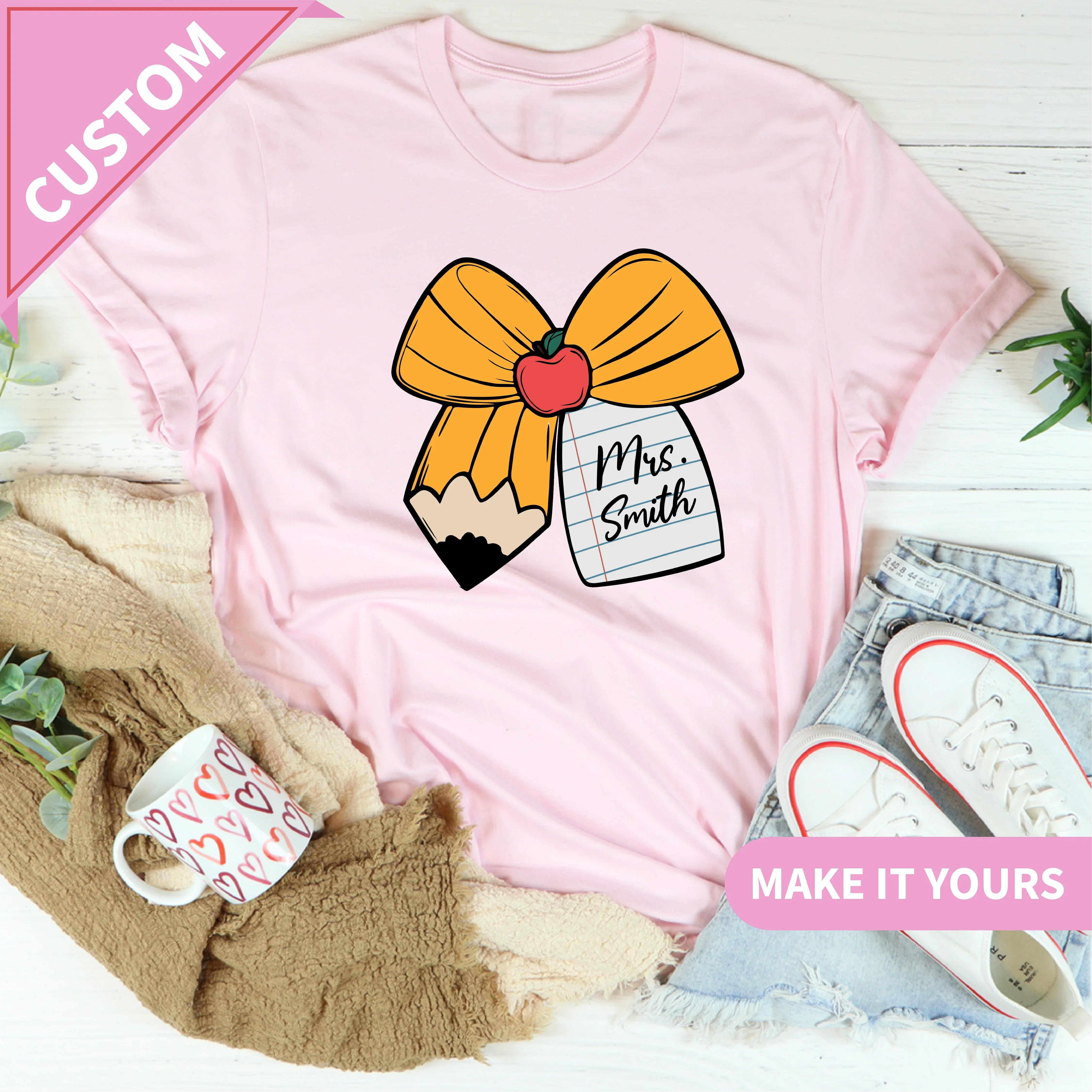 Custom Teacher Pencil Bow Comfort Colors Cute Back To School Gift For Women Educators Tee Pink / S Printify T-Shirt T-Shirt