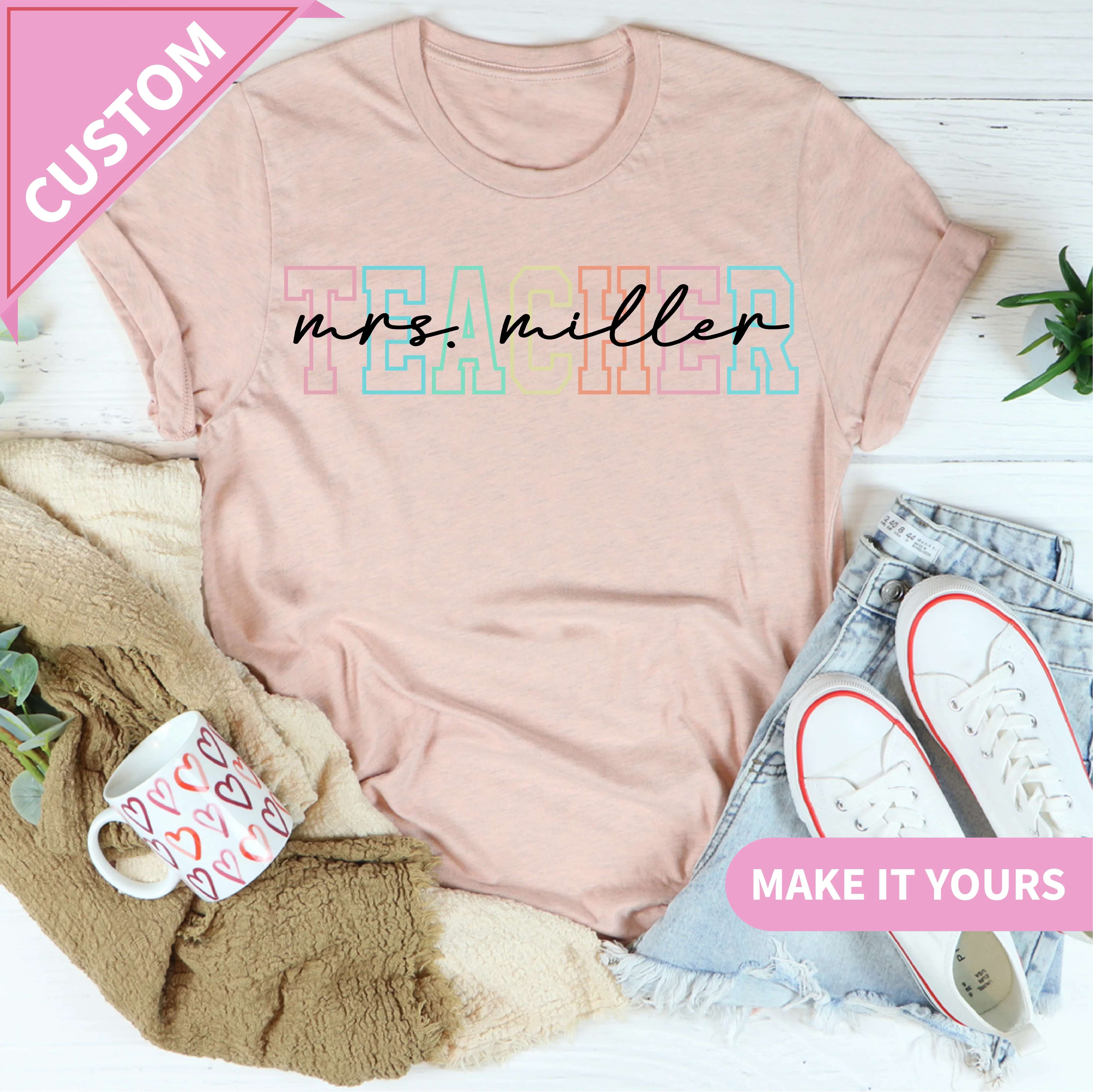 Custom Teacher Rainbow Varsity Name Educators Tee Printify T-Shirt T-Shirt