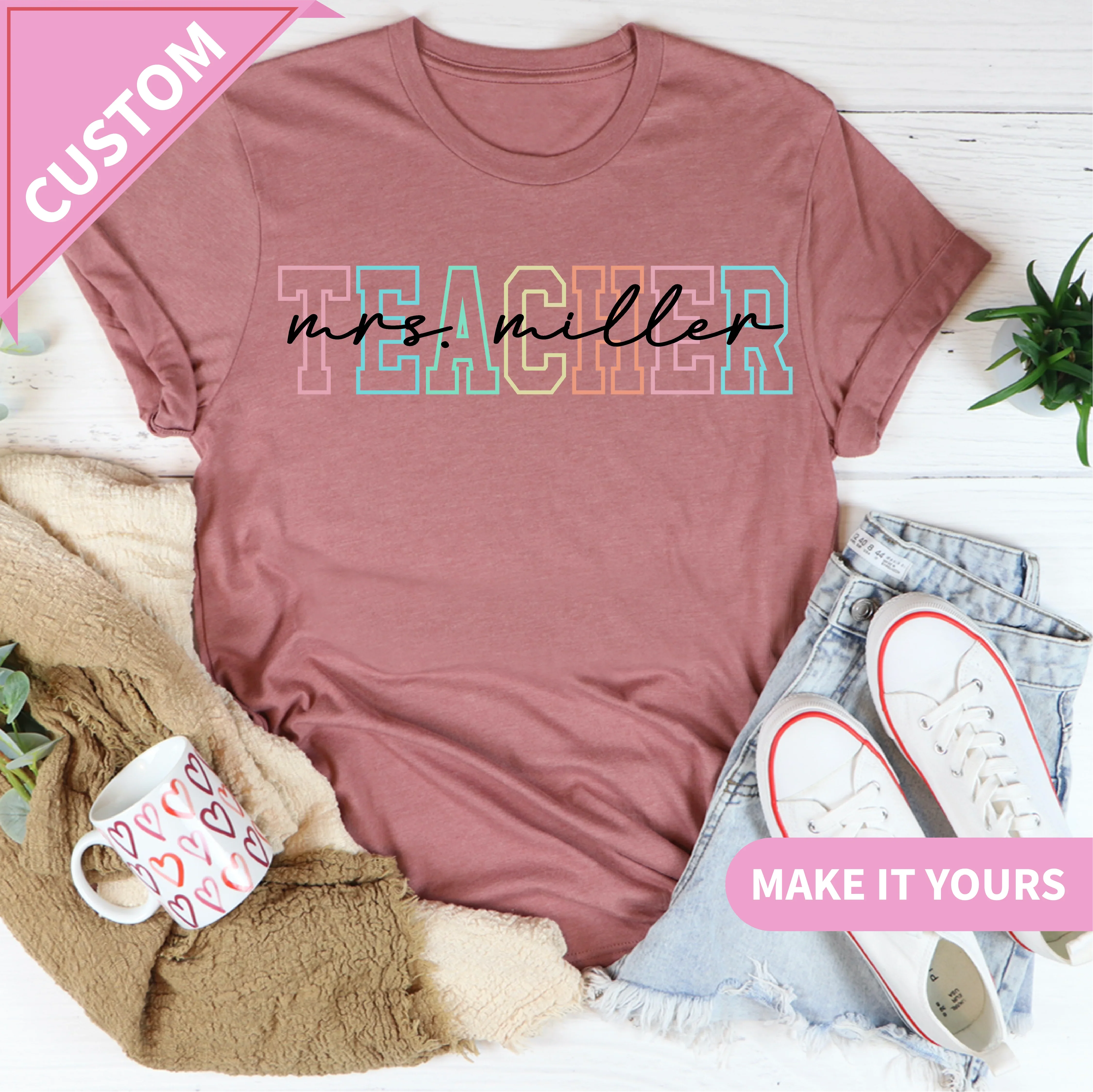 Custom Teacher Rainbow Varsity Name Educators Tee Printify T-Shirt T-Shirt