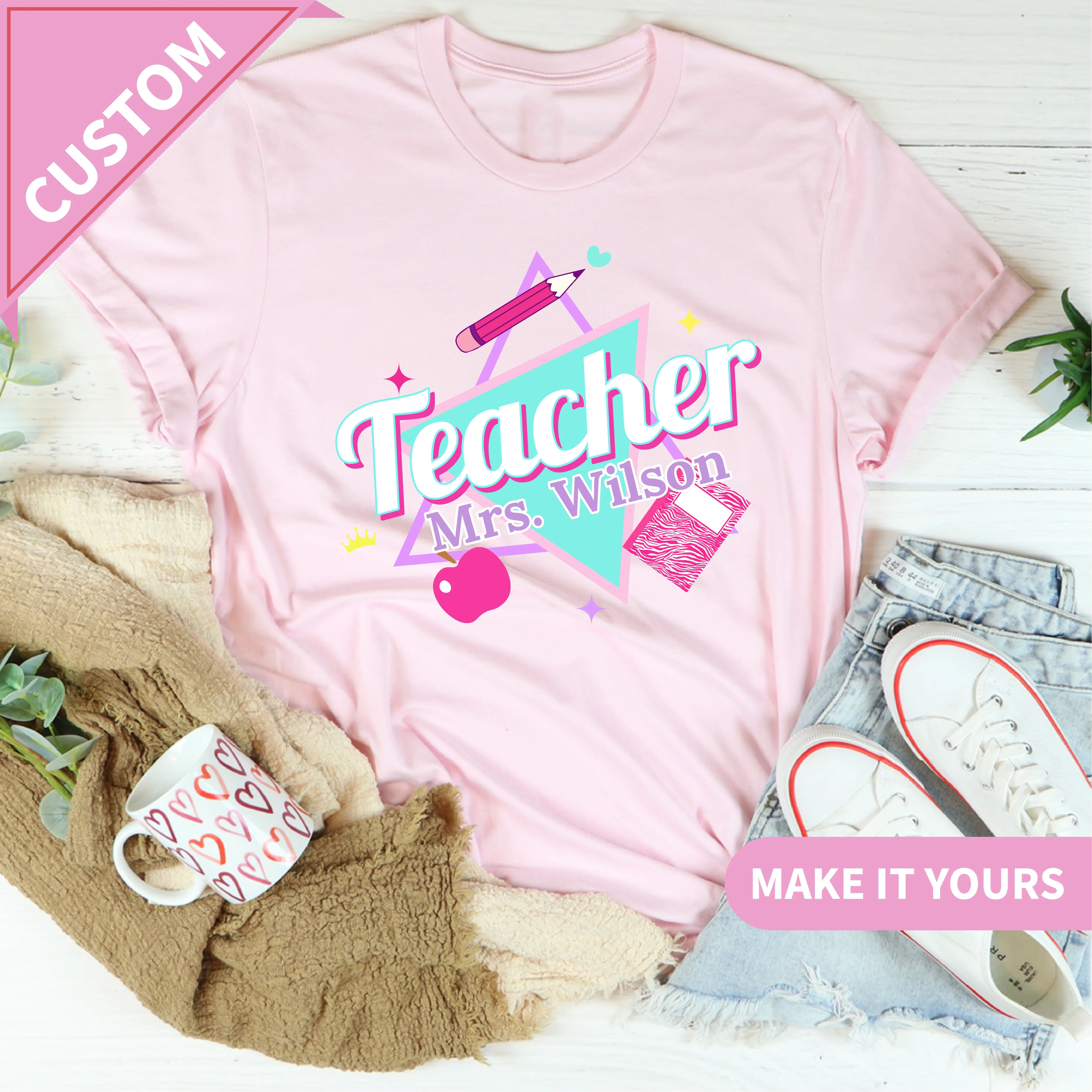 Custom Teacher Retro Pink For Back To School Teacher Gifts & Classroom Style Tee Printify T-Shirt T-Shirt