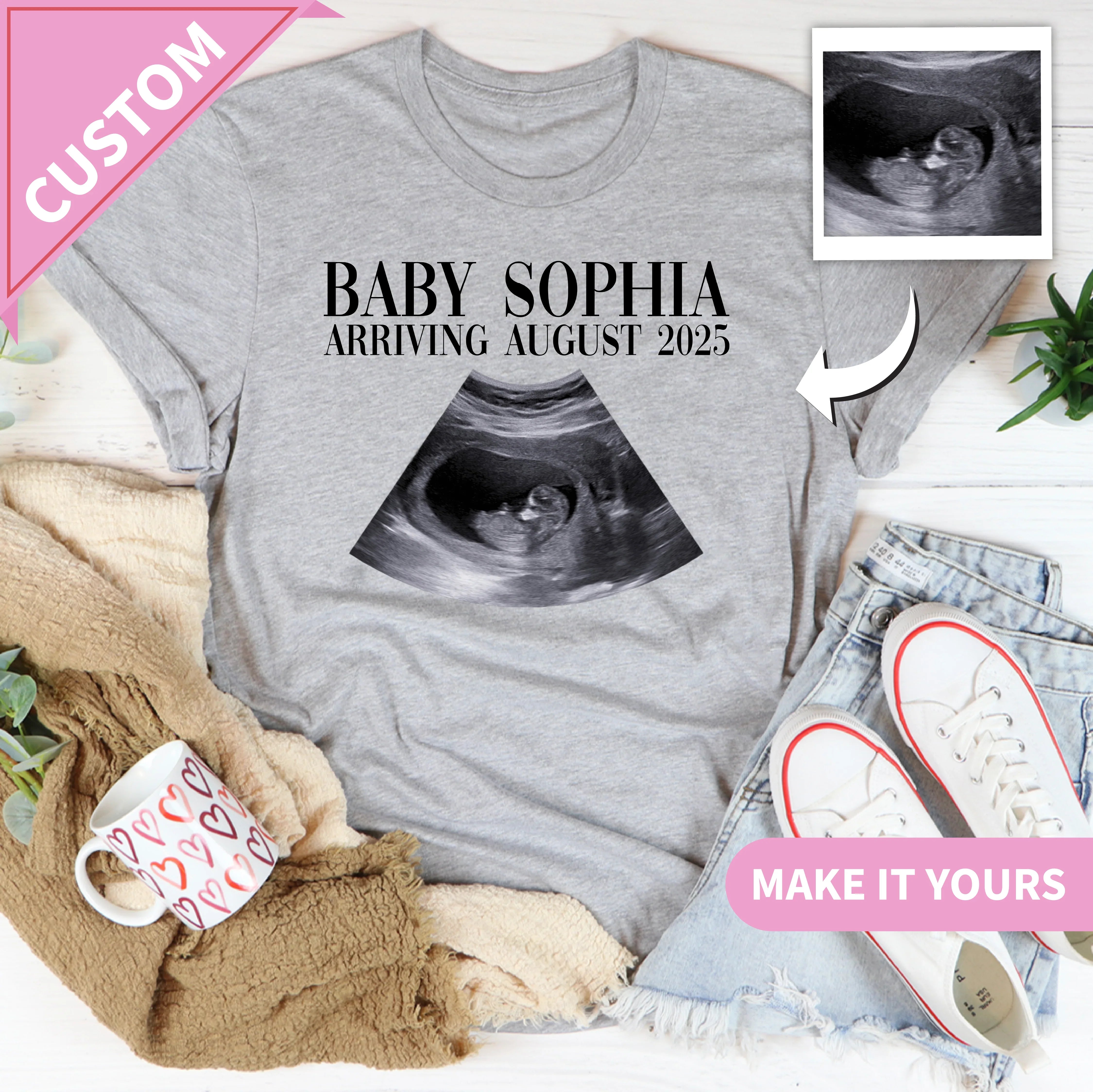 Custom Ultrasound Baby Announcement Sonogram Photo With Due Date Tee Athletic Heather / S Printify T-Shirt T-Shirt