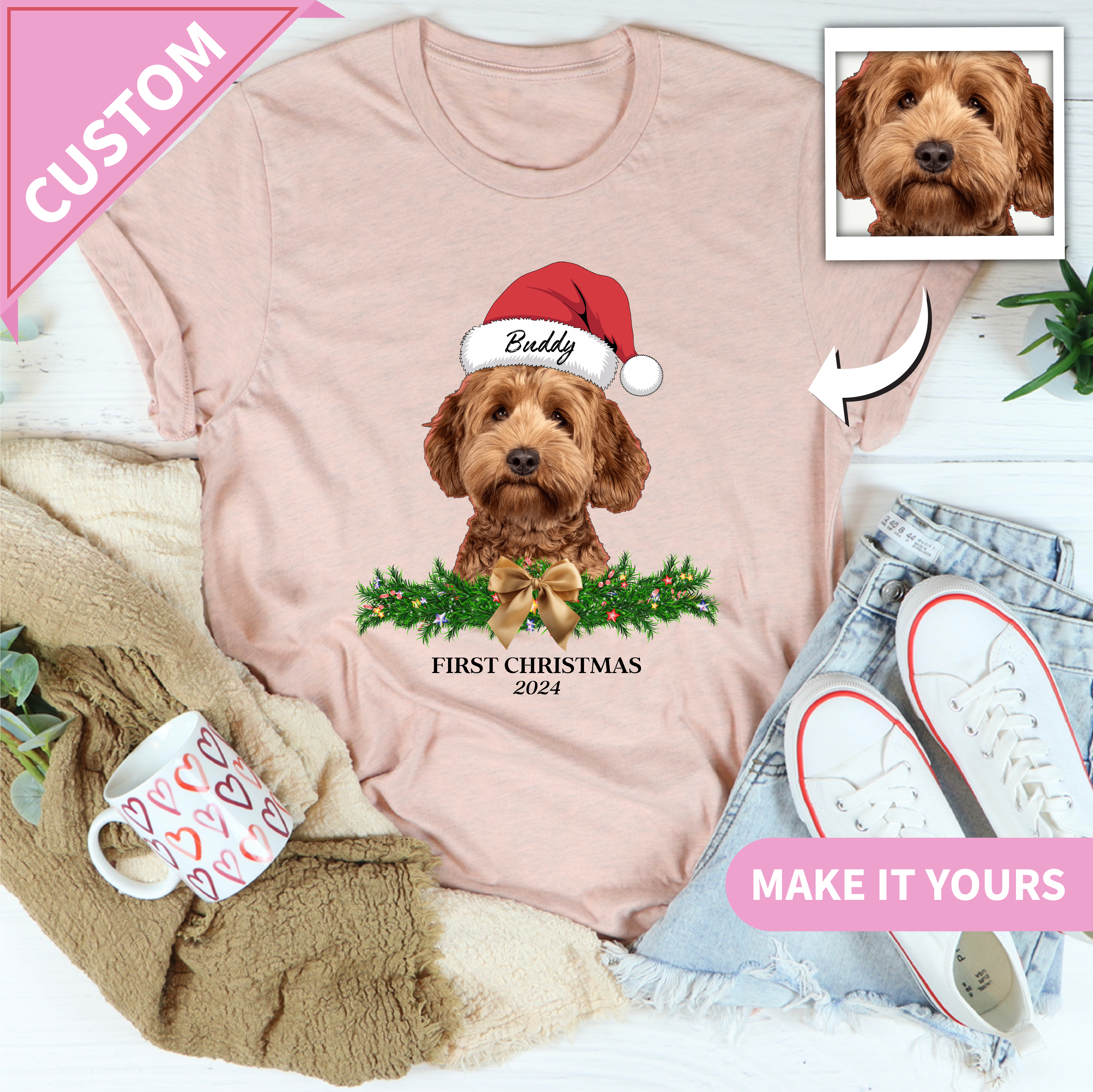 Custom Dog Christmas Pet Name Santa Hat Tee