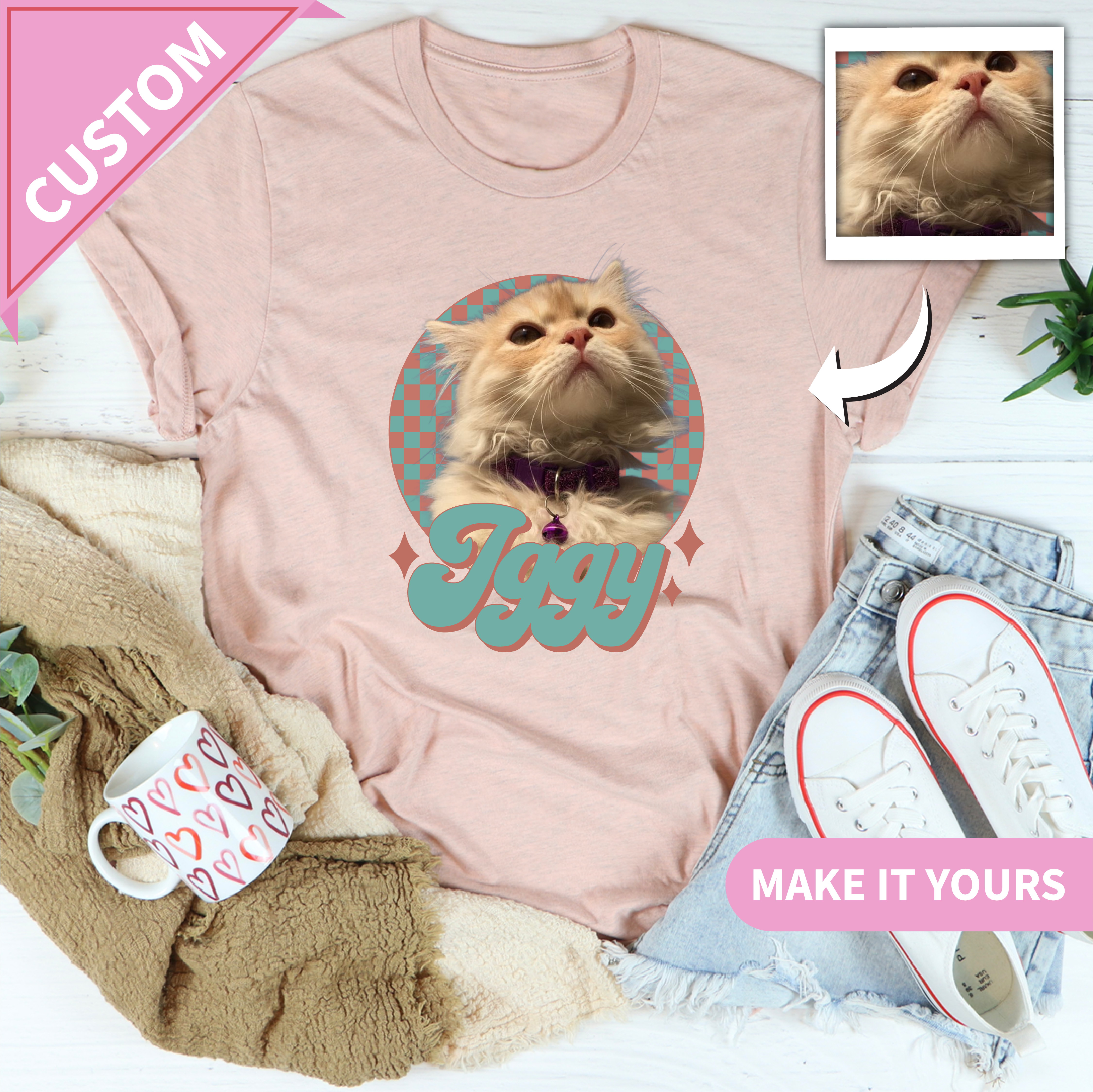 Custom Cat Name Retro Pet Portrait With Photo Tee