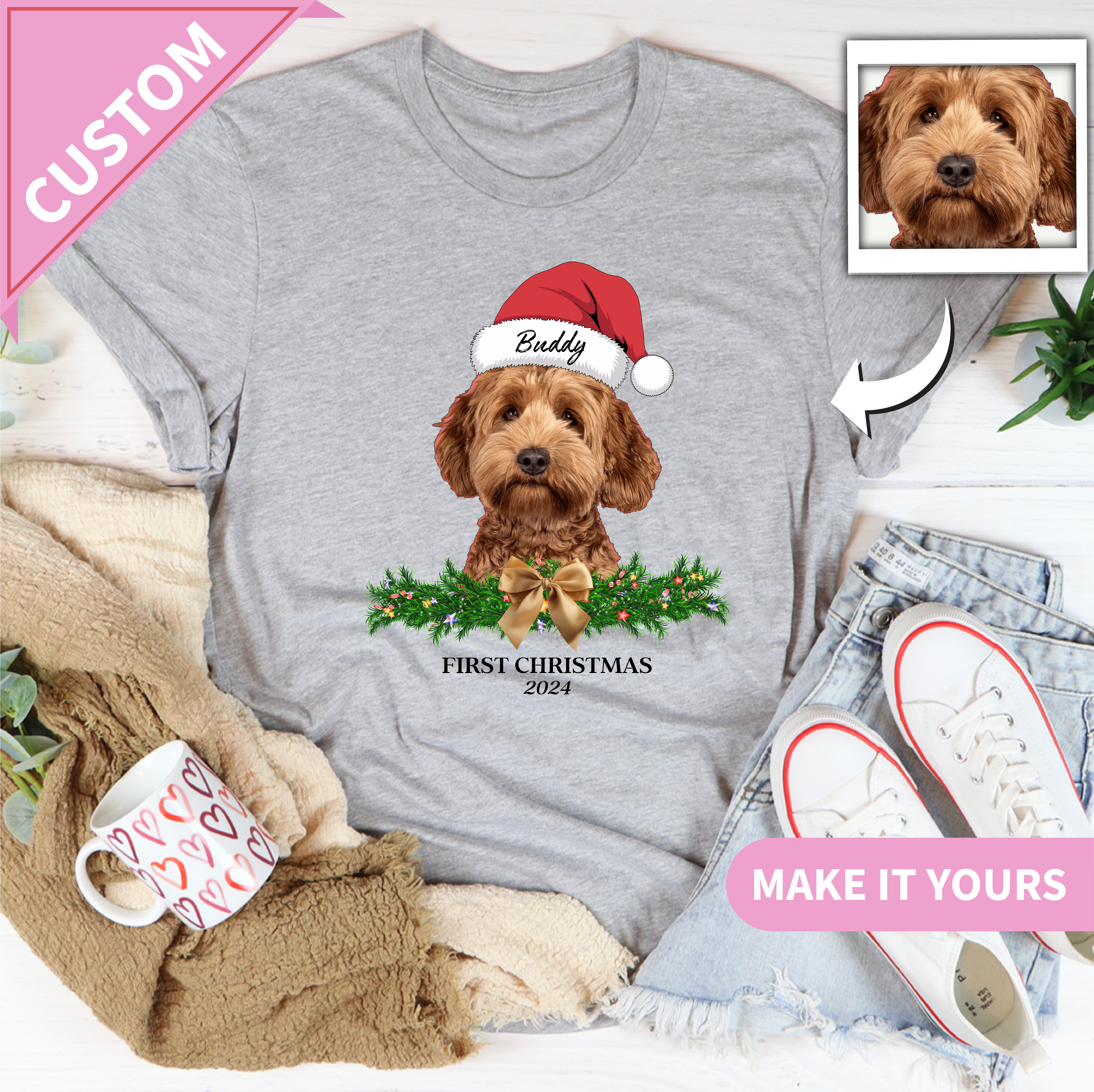 Custom Dog Christmas Pet Name Santa Hat Tee