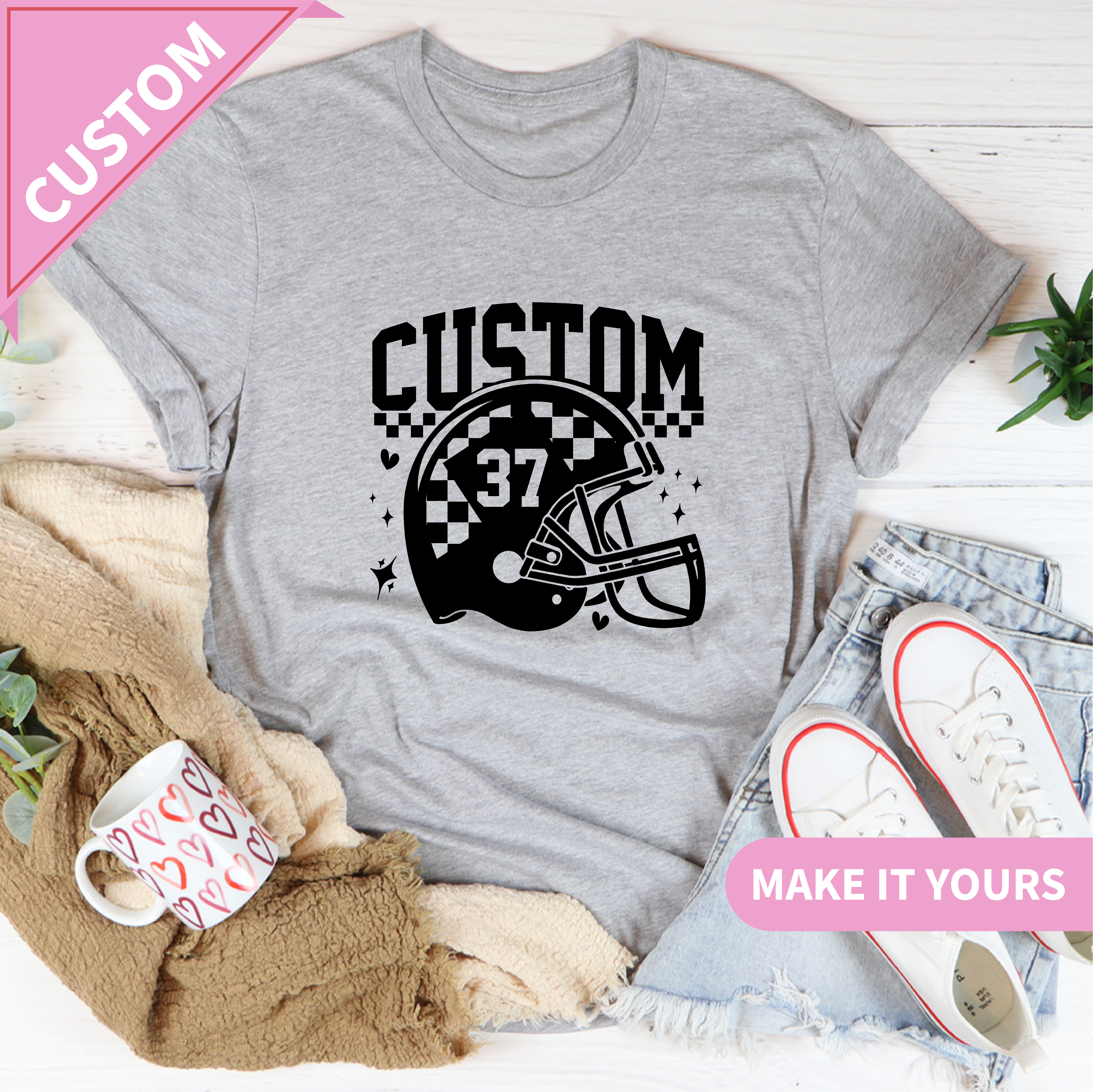 Custom Football Team Name & Retro Checker Design Tee