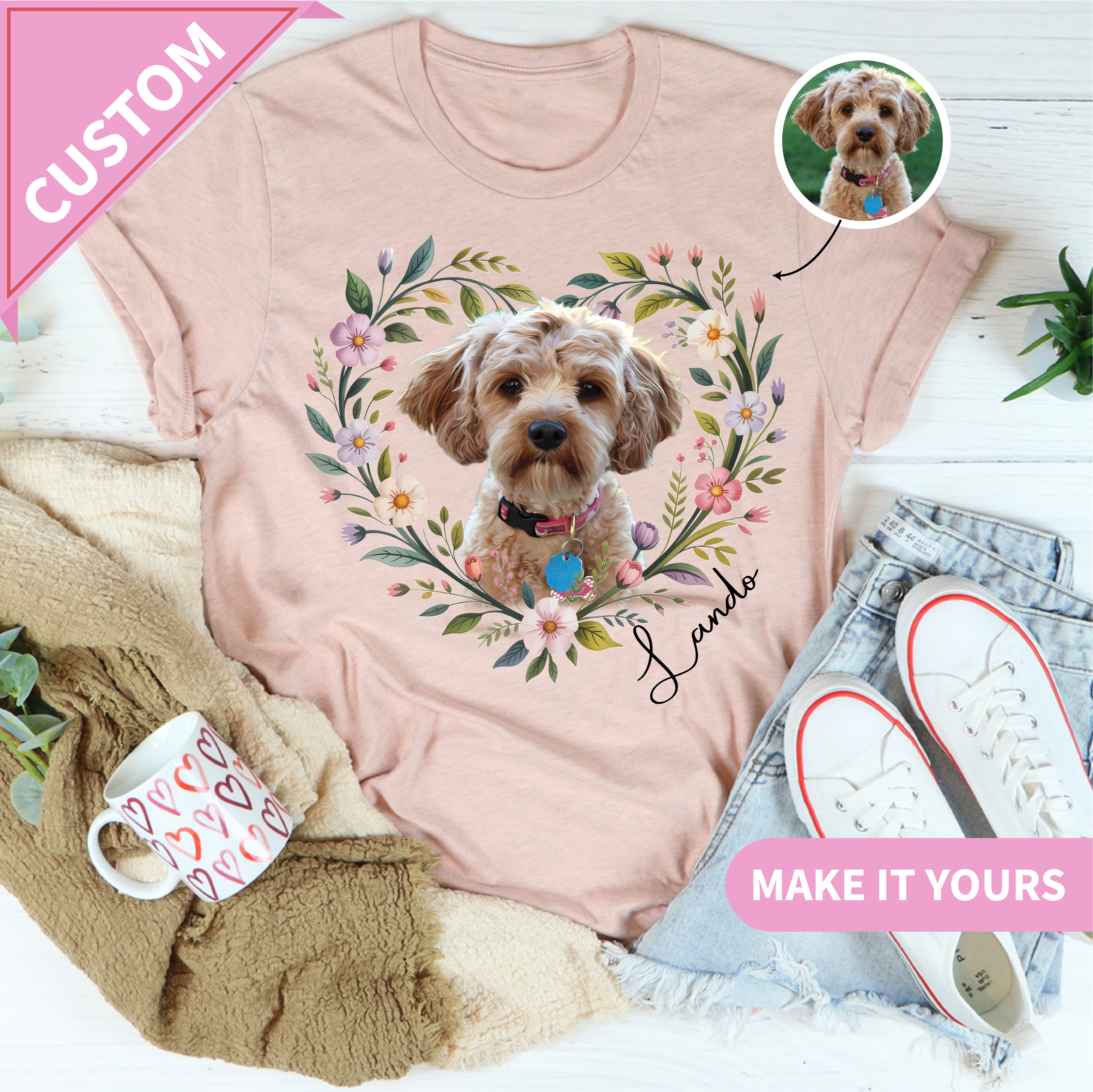 Camiseta personalizada con retrato floral de mascota y cara de perro
