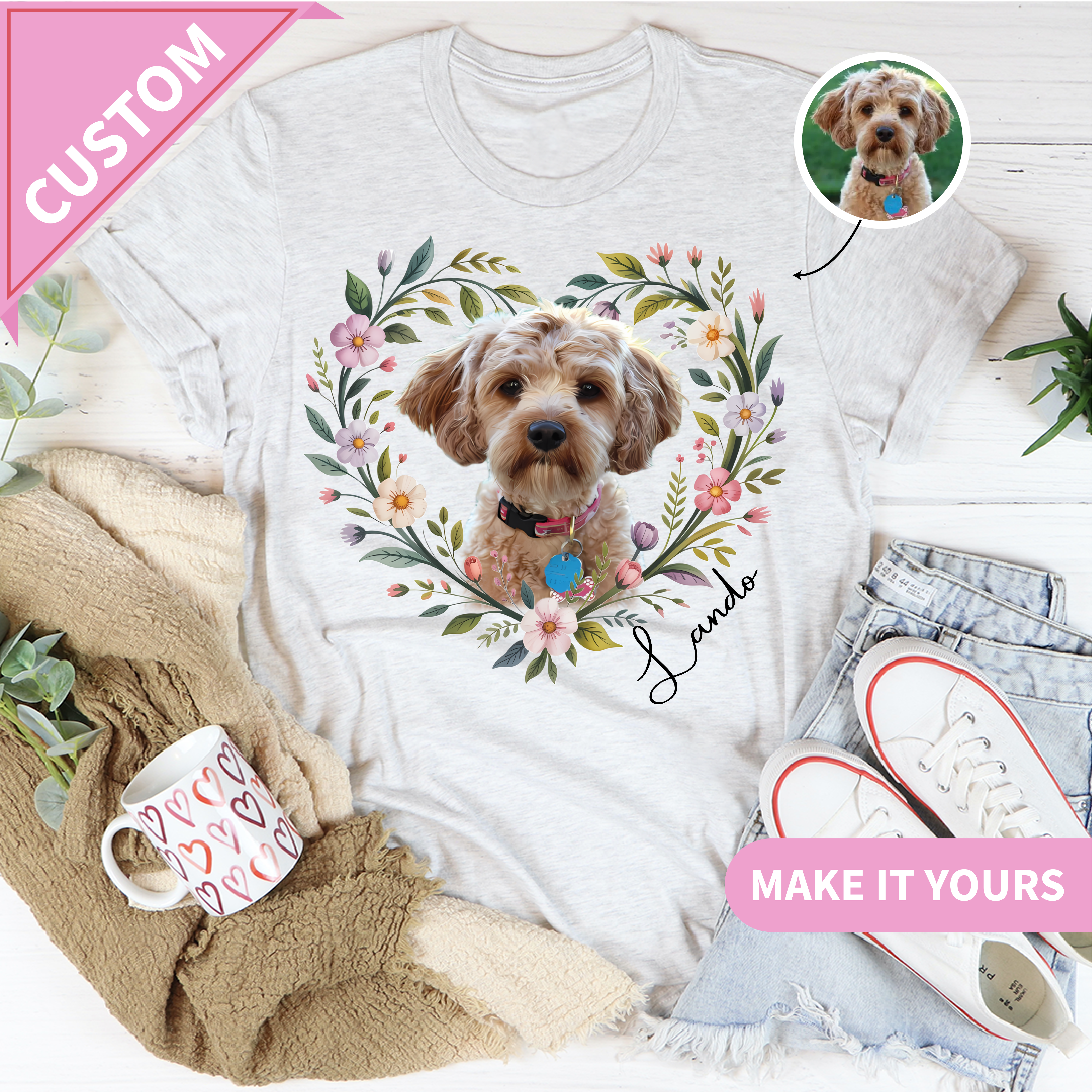 Camiseta personalizada con retrato floral de mascota y cara de perro