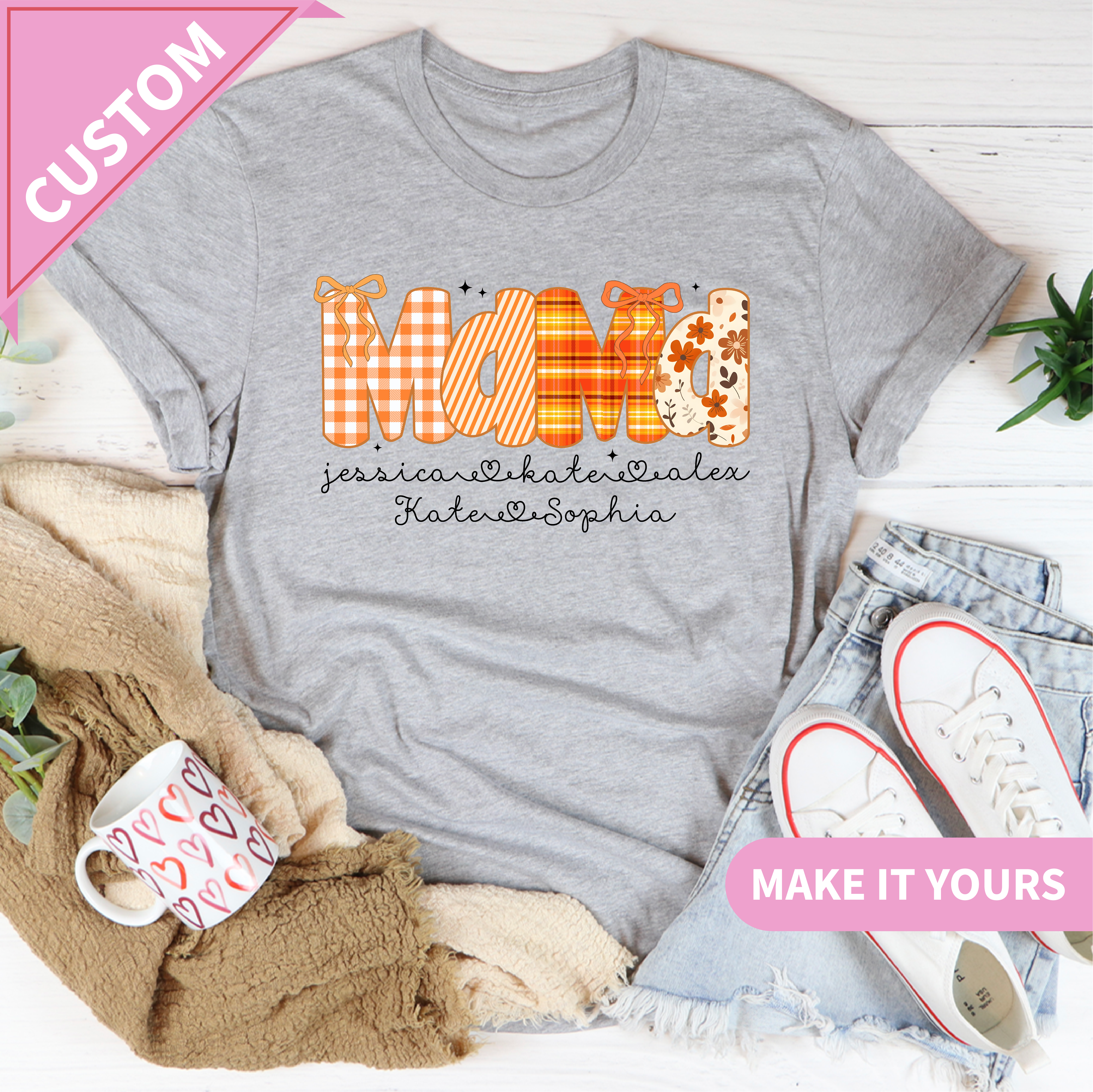 Custom Includes Strong keywords Custom Fall Mama Kids Names Tee