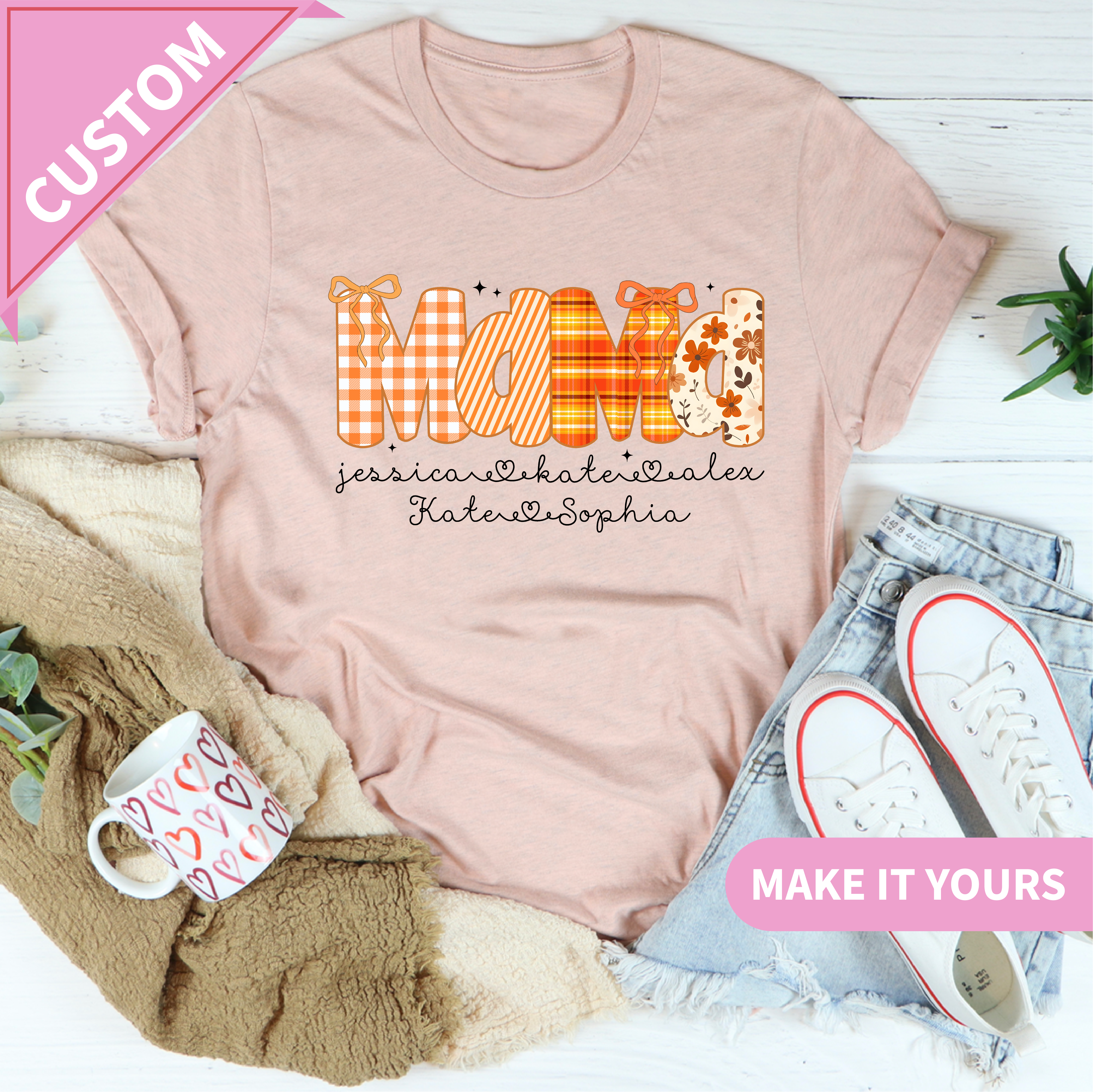 Custom Includes Strong keywords Custom Fall Mama Kids Names Tee