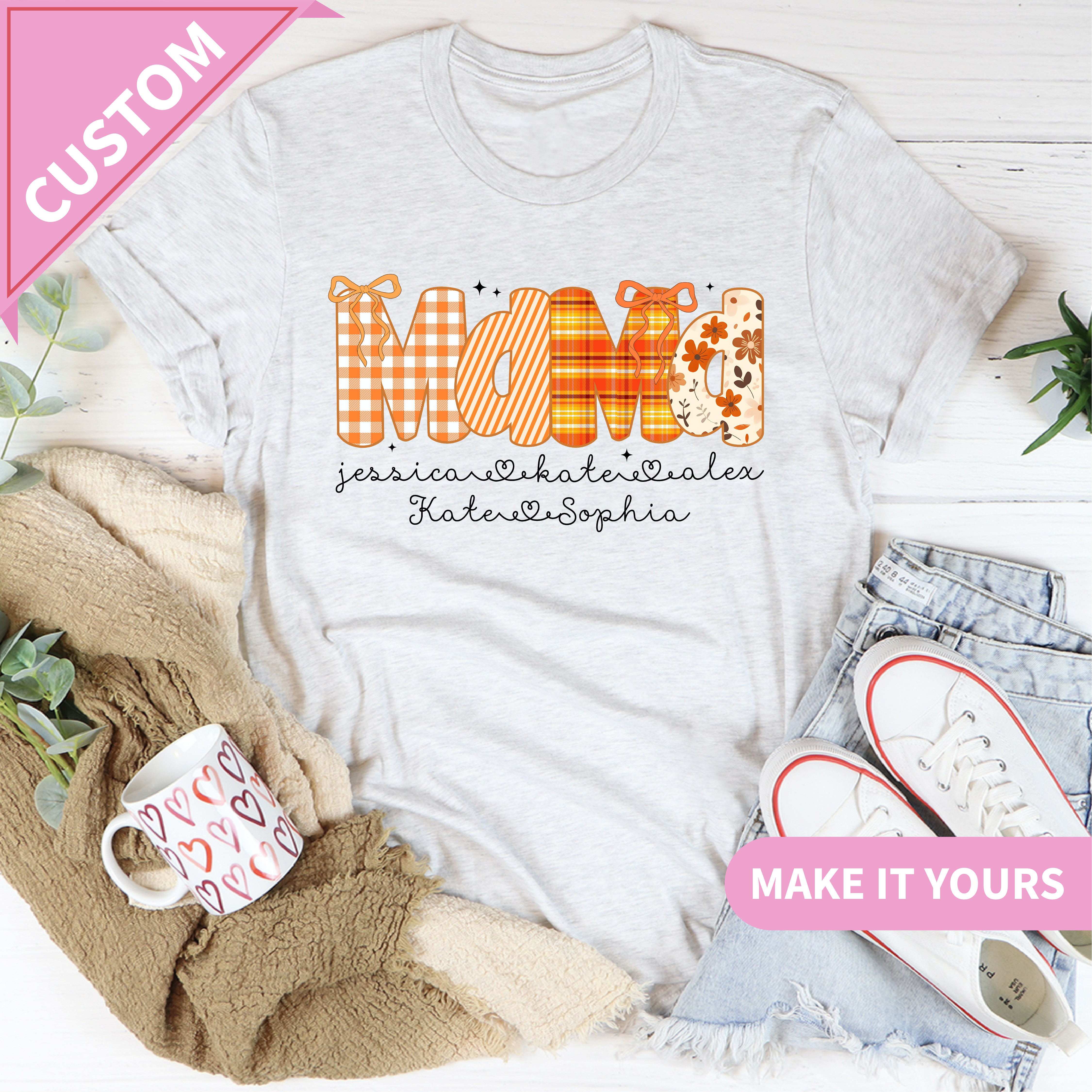 Custom Includes Strong keywords Custom Fall Mama Kids Names Tee