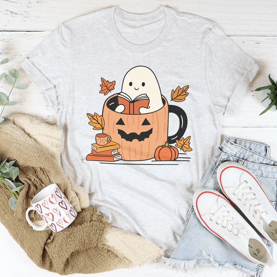 Cute Bookish Ghost In A Pumpkin Cup Tee Ash / S Peachy Sunday T-Shirt