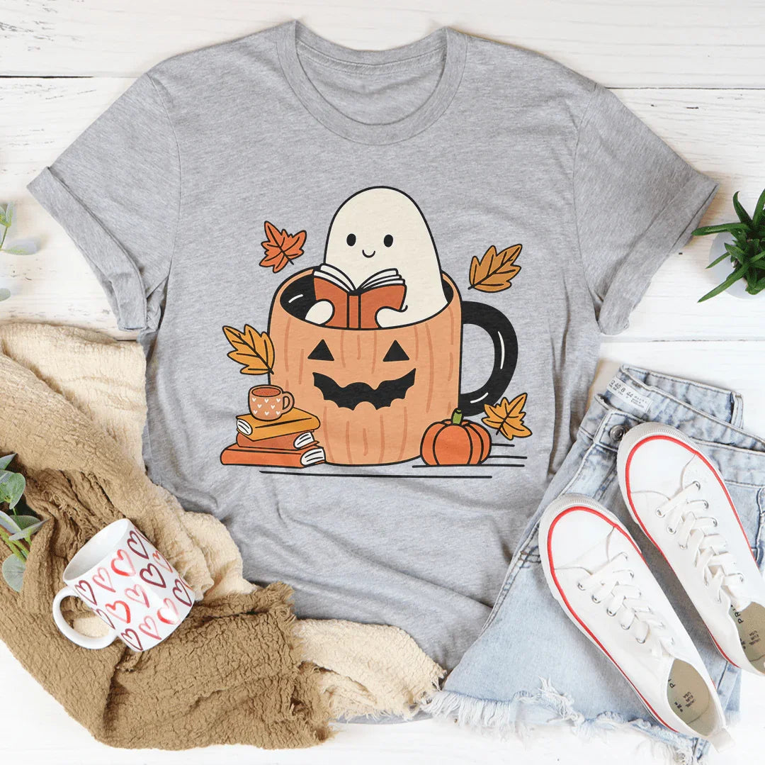 Cute Bookish Ghost In A Pumpkin Cup Tee Athletic Heather / S Peachy Sunday T-Shirt