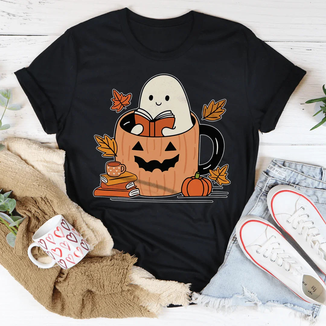 Cute Bookish Ghost In A Pumpkin Cup Tee Black Heather / S Peachy Sunday T-Shirt