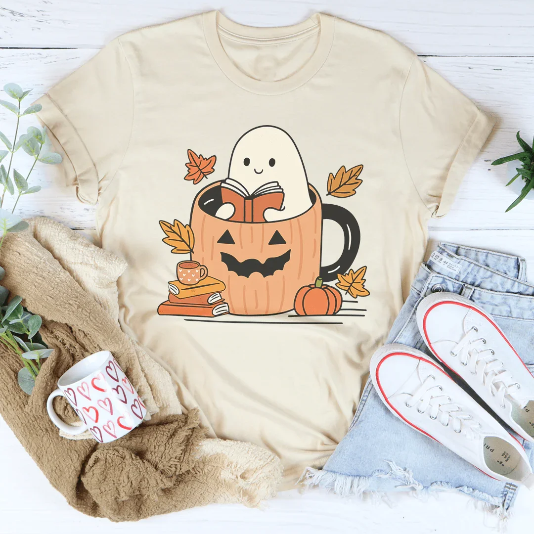 Cute Bookish Ghost In A Pumpkin Cup Tee Soft Cream / S Peachy Sunday T-Shirt