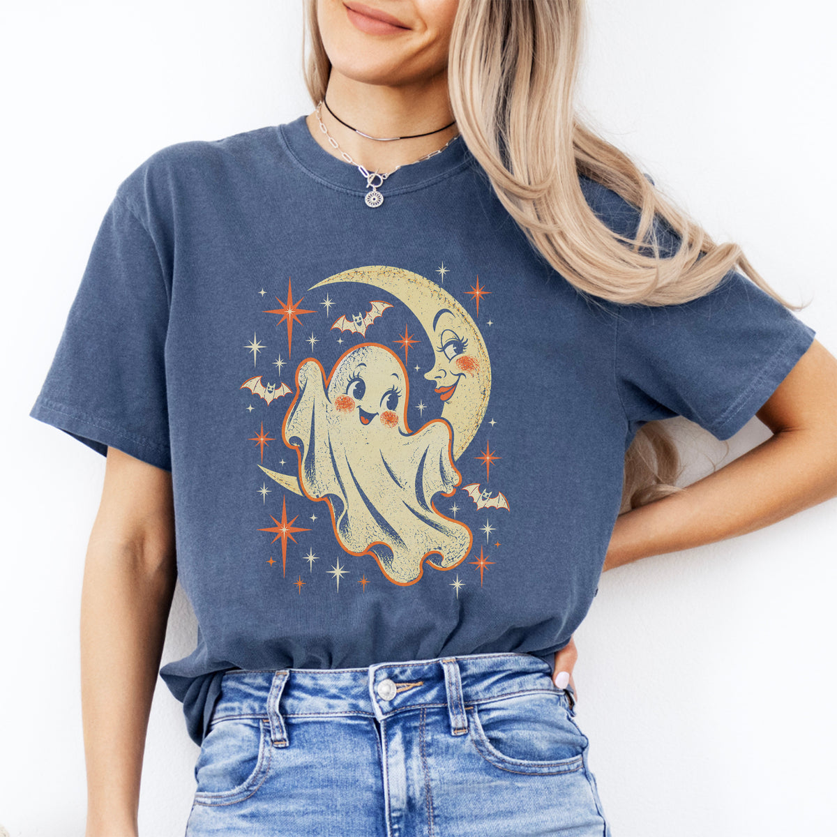 Retro Ghost And Crescent Moon spooky Halloween graphic top in denim