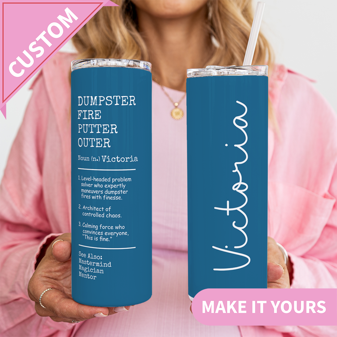 Personalisierbarer „Dumpster Fire“-Becher mit dem Namen „Putter Outer“