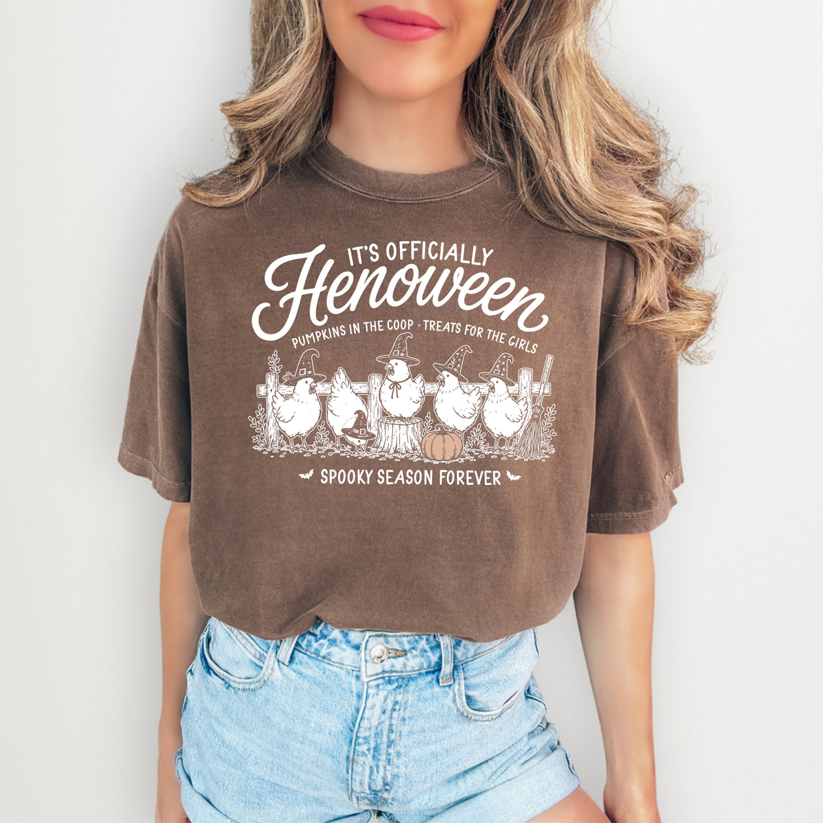 Backyard Chicken Autumn Graphic Tee – \"It's Officially Henoween\" Witch Hens