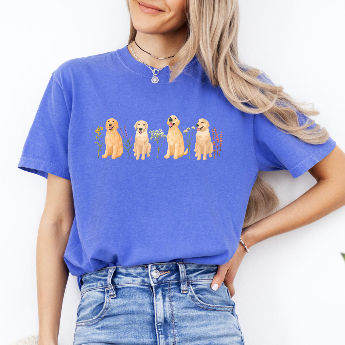 Botanisches Blumen-Golden-Retriever-Grafiktop – Shirt für Hundemamas