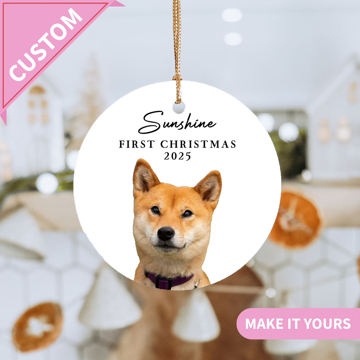 Personalized First Christmas Pet Picture Ceramic Ornament with custom pet photo
