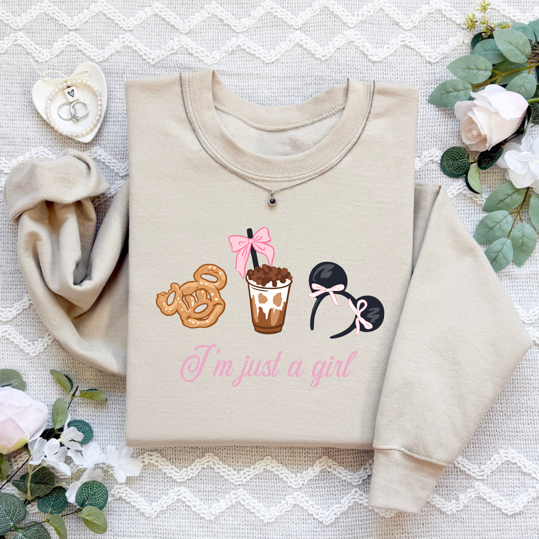 I'm Just a Girl Disney Cake Bow Coffee Girly Sweatshirt