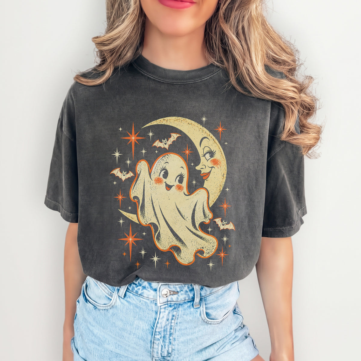 \"Retro-Gespenst und Mondsichel\" – Spooky-Celestial-Print-Top