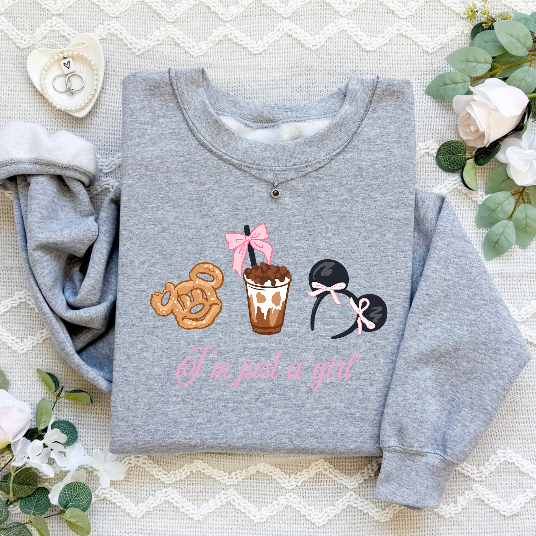 I'm Just a Girl Disney Cake Bow Coffee Girly Sweatshirt