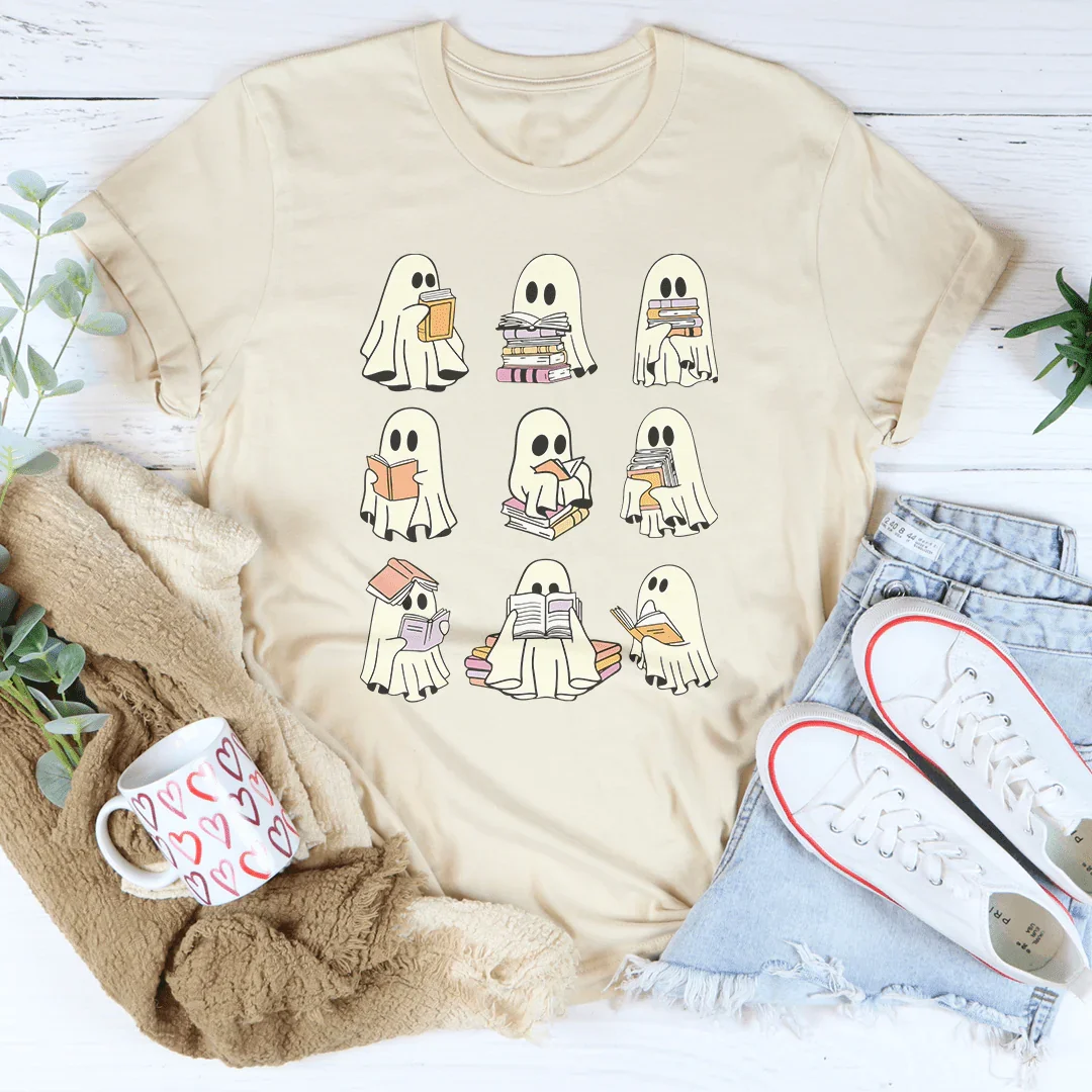 Halloween Ghost Book Lover Tee Soft Cream / S Peachy Sunday T-Shirt