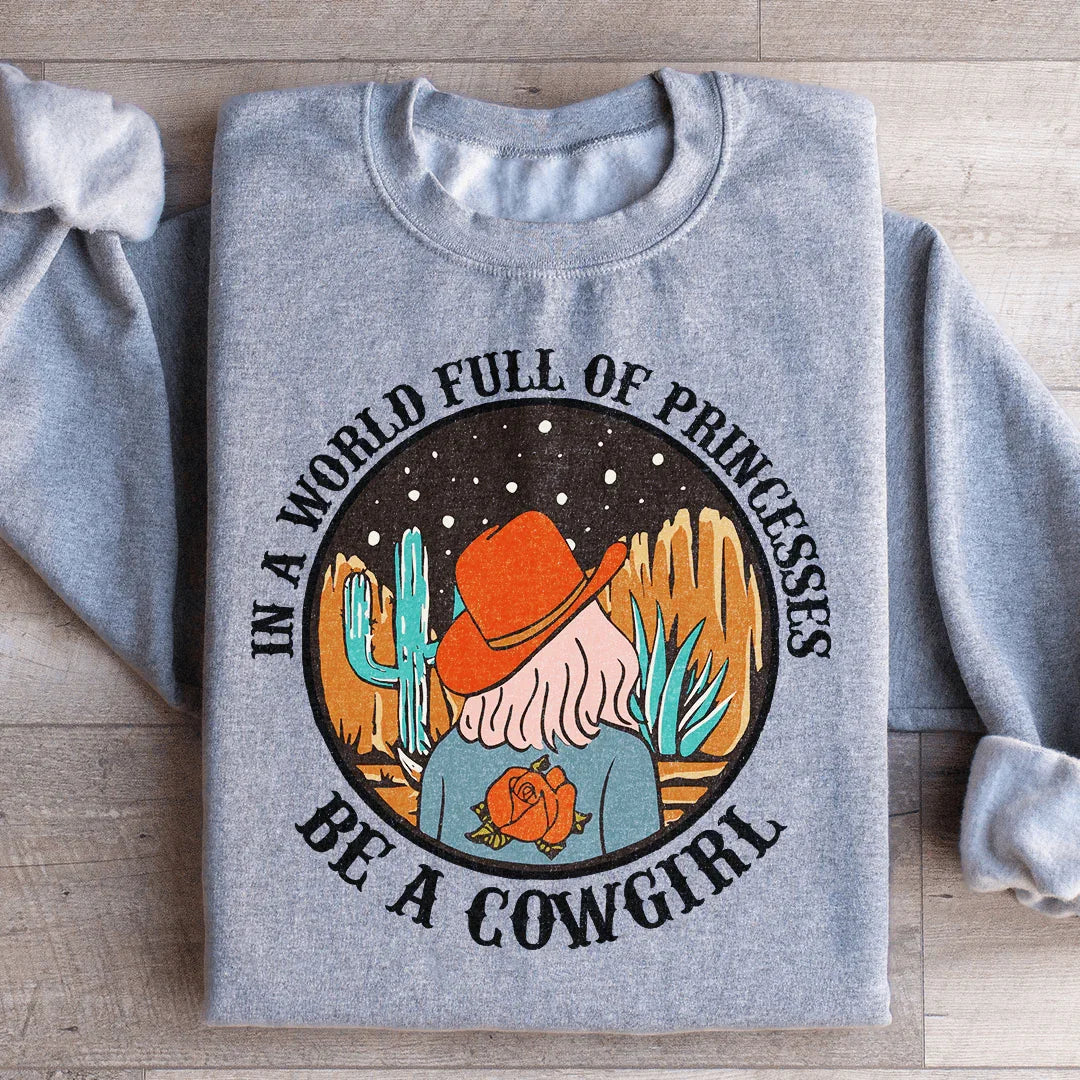 In A World Full Of Princesses Be A Cowgirl Sweatshirt Sport Grey / S Peachy Sunday T-Shirt
