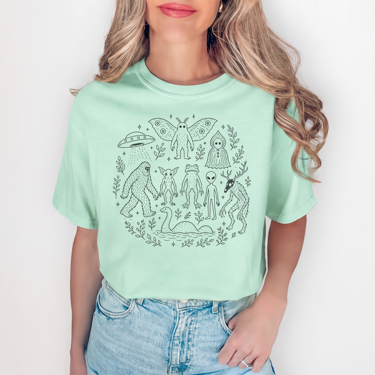 Cryptid Forest Squad Graphic Casual Shirt – Bigfoot Mothman Folklore Top