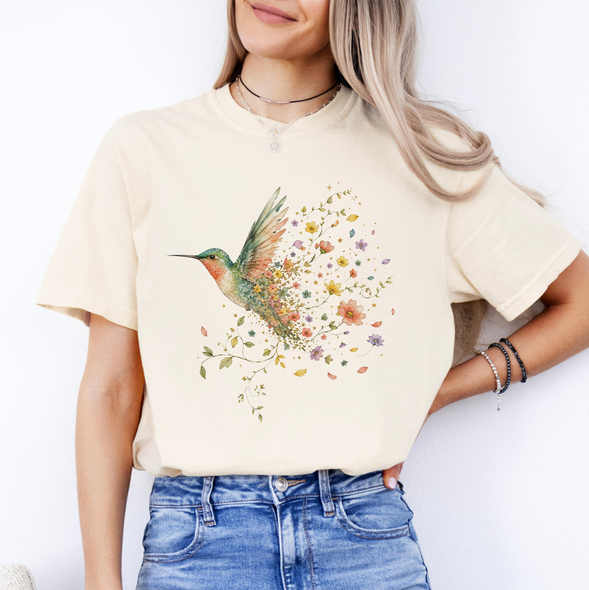 T-Shirt mit Kolibri und Wildblumen