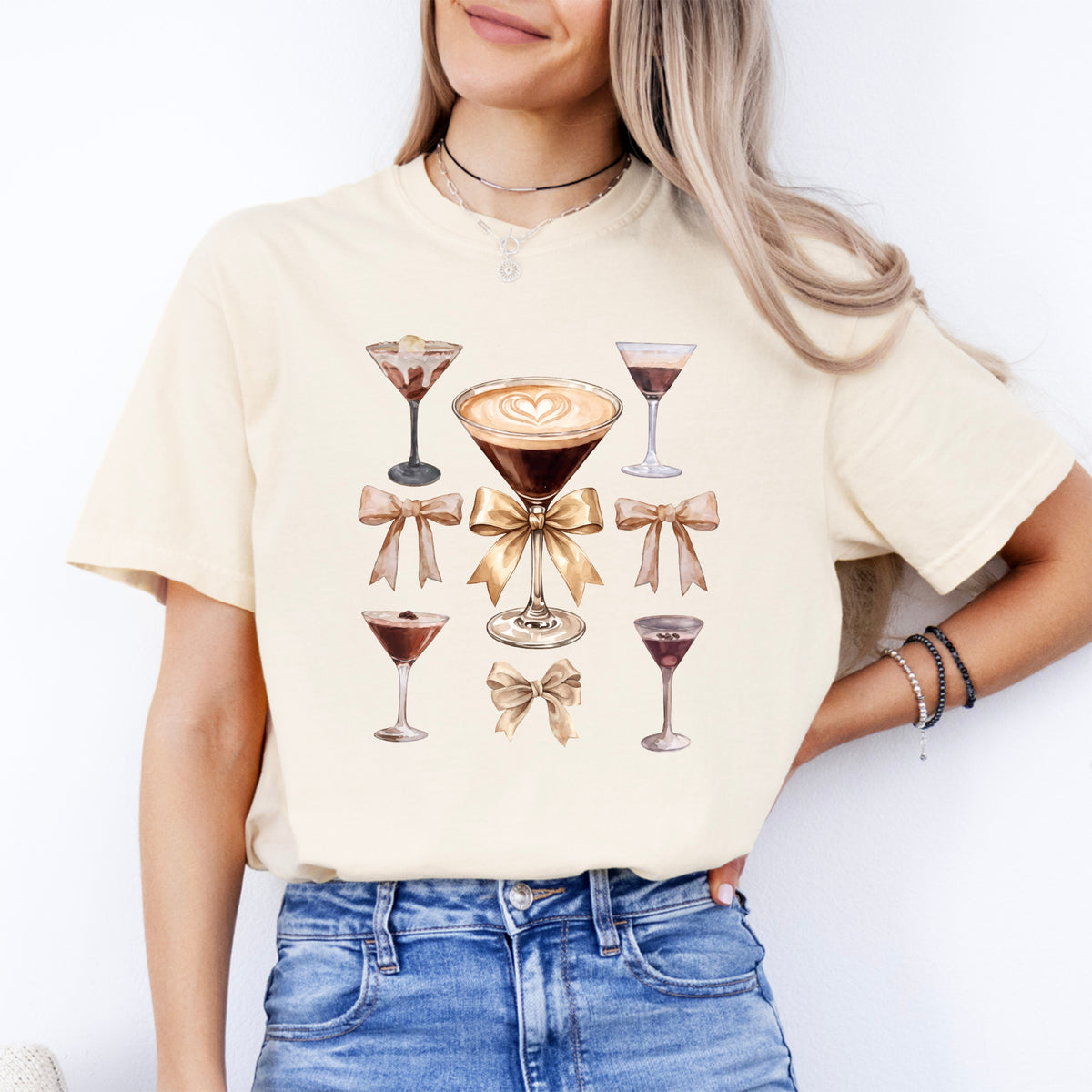 Espresso Martini Coquette Bows Graphic Top – Trendy Cocktail Casual Shirt